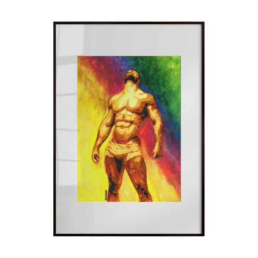 muscular male figure rendered in vibrant shades of yellow, standing against a backdrop of a radiant rainbow. The interplay of warm tones and the colorful spectrum creates a dynamic and uplifting composition.