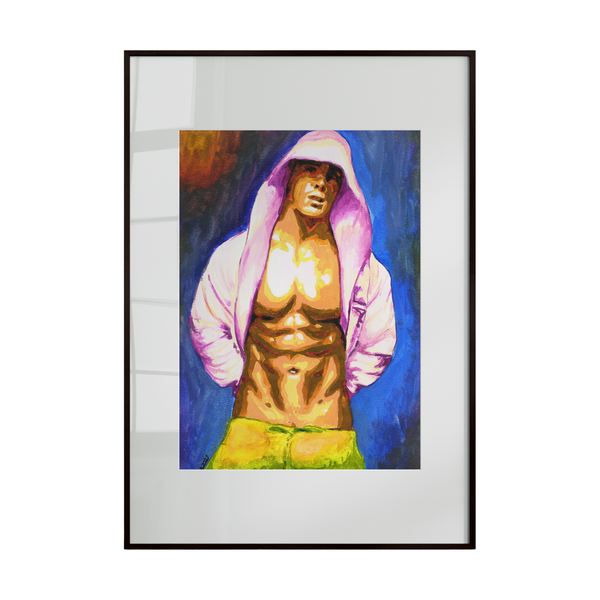 male figure wearing an open pink hoodie, subtly revealing his abdominal muscles. The contrast between the softness of the pink garment and the defined structure of the body creates a balanced dialogue between strength and vulnerability.