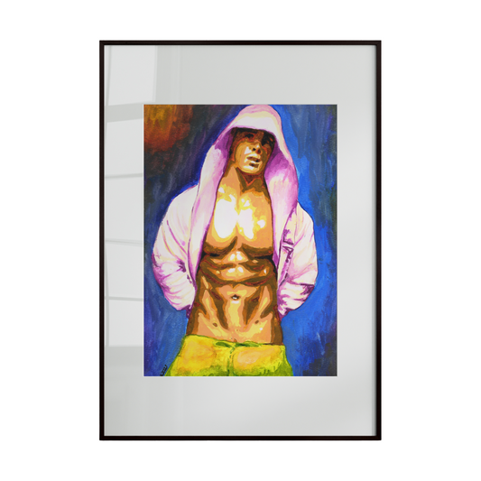 male figure wearing an open pink hoodie, subtly revealing his abdominal muscles. The contrast between the softness of the pink garment and the defined structure of the body creates a balanced dialogue between strength and vulnerability.