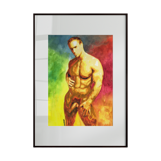 Framed artwork of a muscular figure with a colorful abstract background