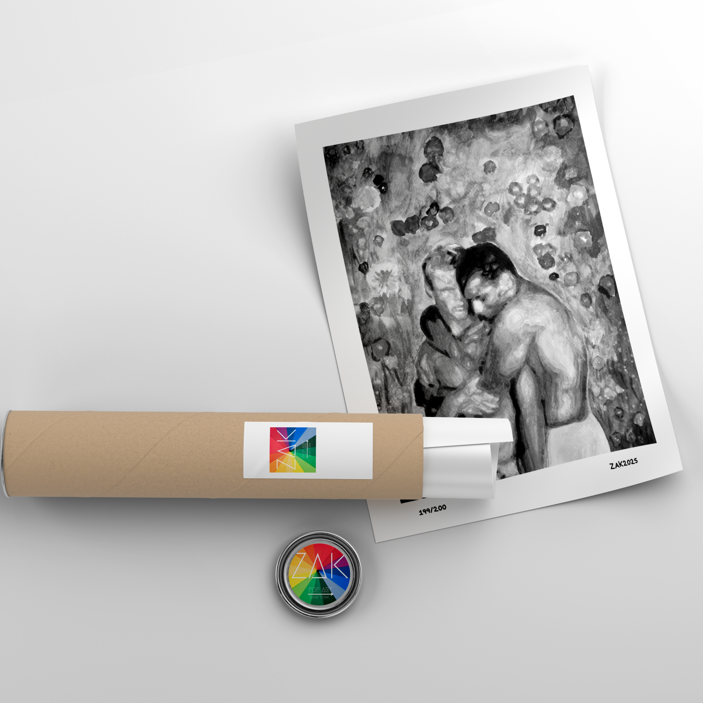 Black and white watercolor art of a gay couple embracing affectionately in front of a flower-filled garden. A minimalist, emotional tribute to same-sex love and LGBTQ+ identity.