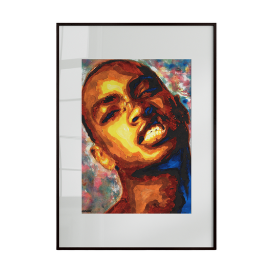 Framed artwork of a stylized portrait with vibrant colors on a white background