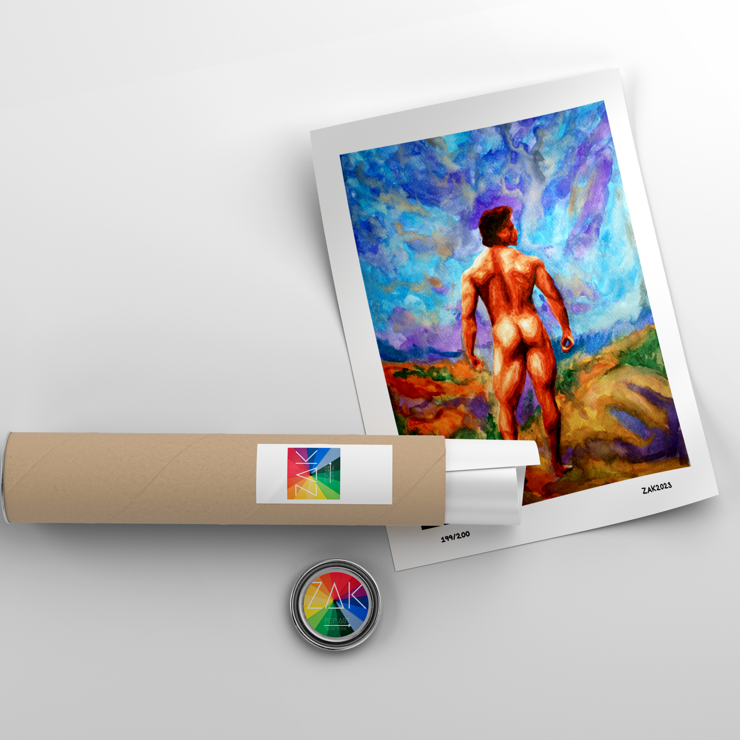 Artistic depiction of a nude figure on a textured surface with a roll of paper and a small round object.