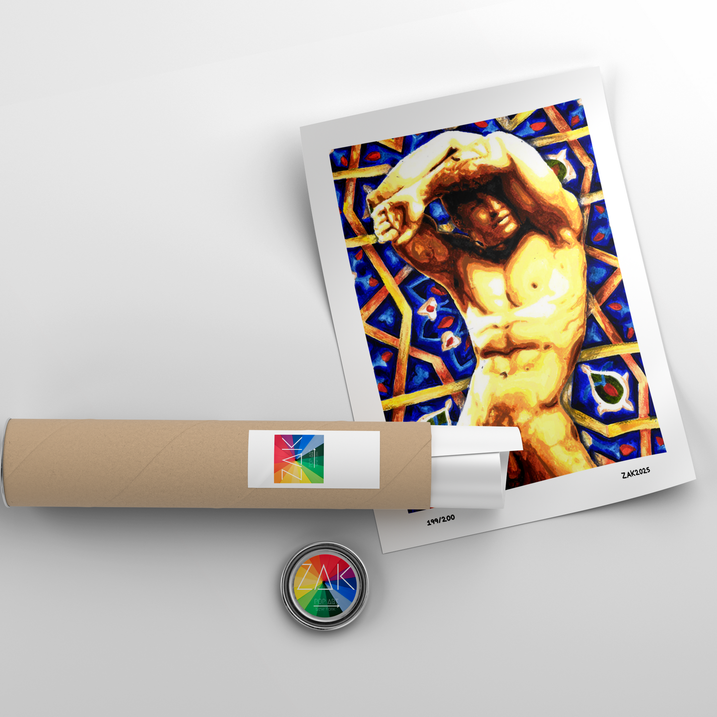 Artistic depiction of a classical statue on a colorful geometric pattern with a cylindrical object and circular emblem in the foreground.