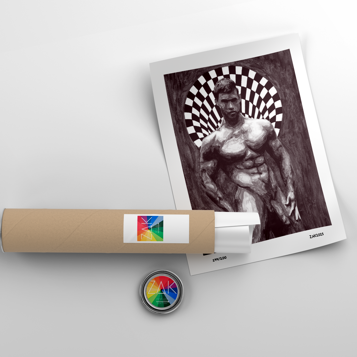 Artistic depiction of a statue on a printed sheet with a cylindrical object and circular badge on a light gray background