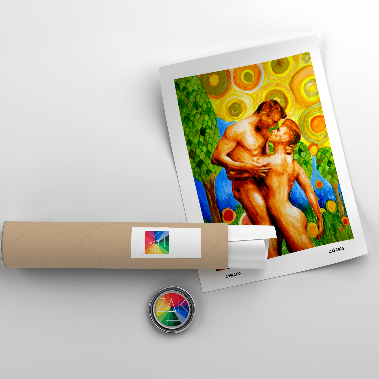 Artistic depiction of a couple embracing with a roll of paper and a small round object on a light gray background.