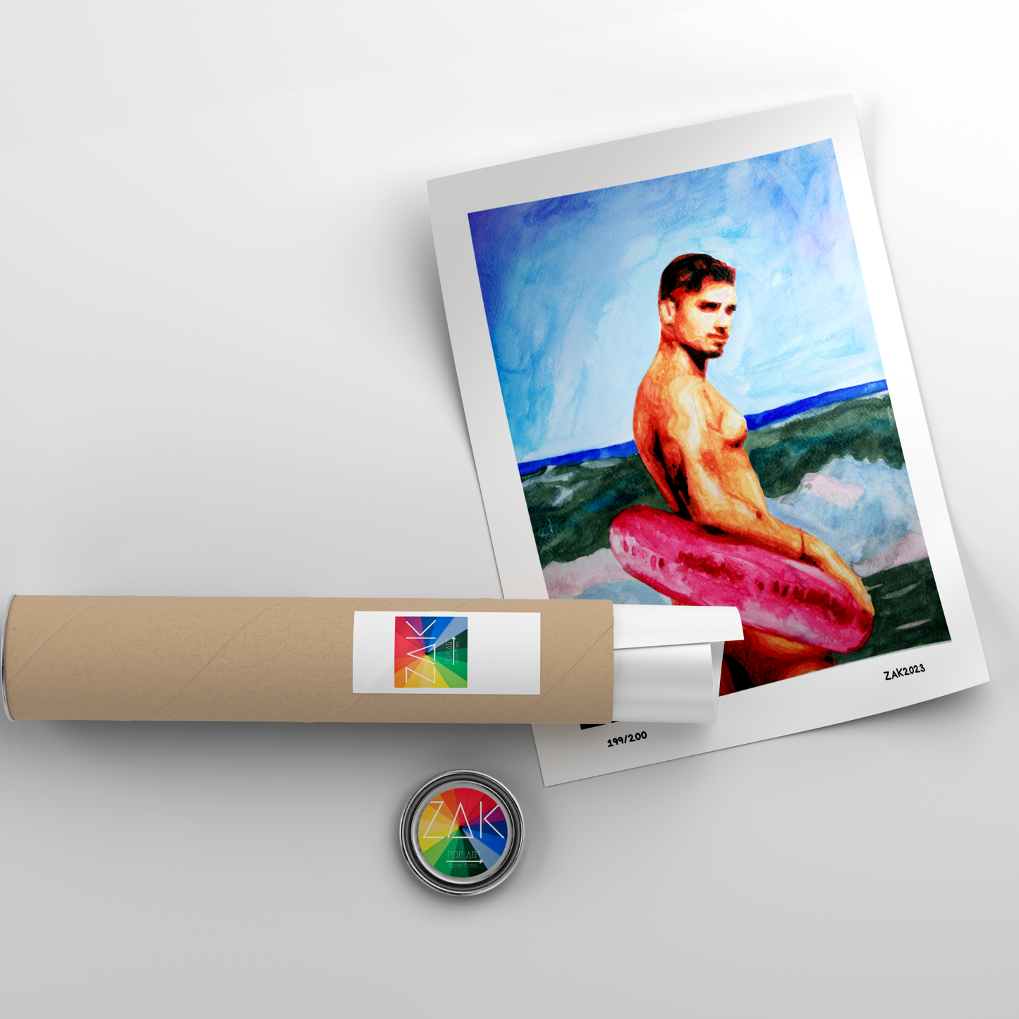 Artistic depiction of a man on a surfboard with a roll of paper and a button in the foreground.