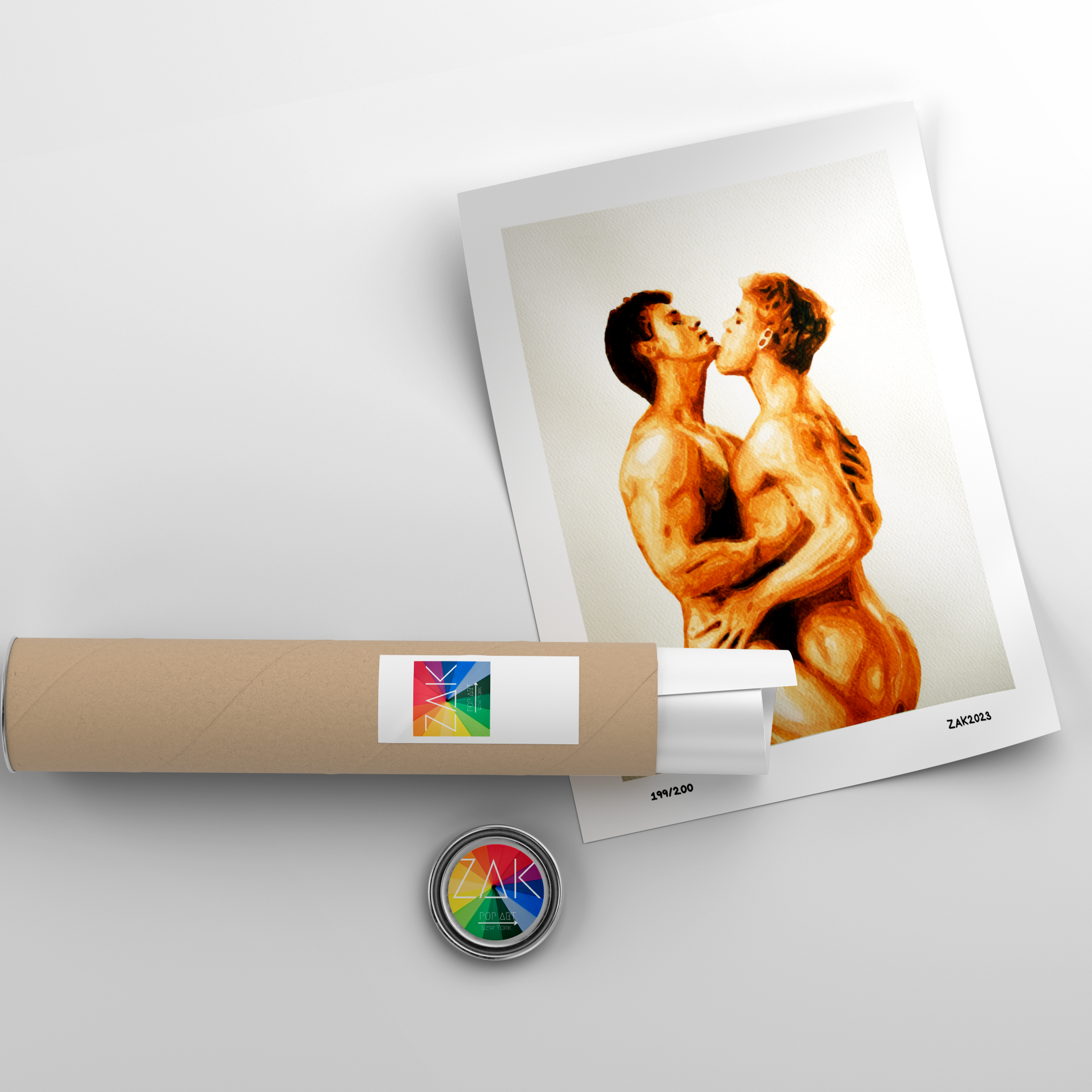 Unrolled poster of two muscular men embracing with a cylindrical product and circular object on a light gray background.