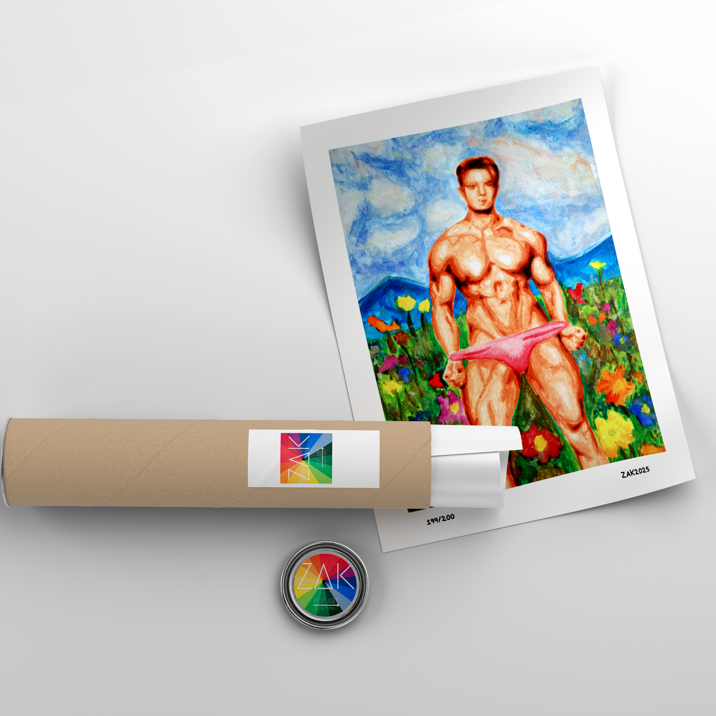 Artistic depiction of a muscular figure with a roll of paper and a button on a light gray background