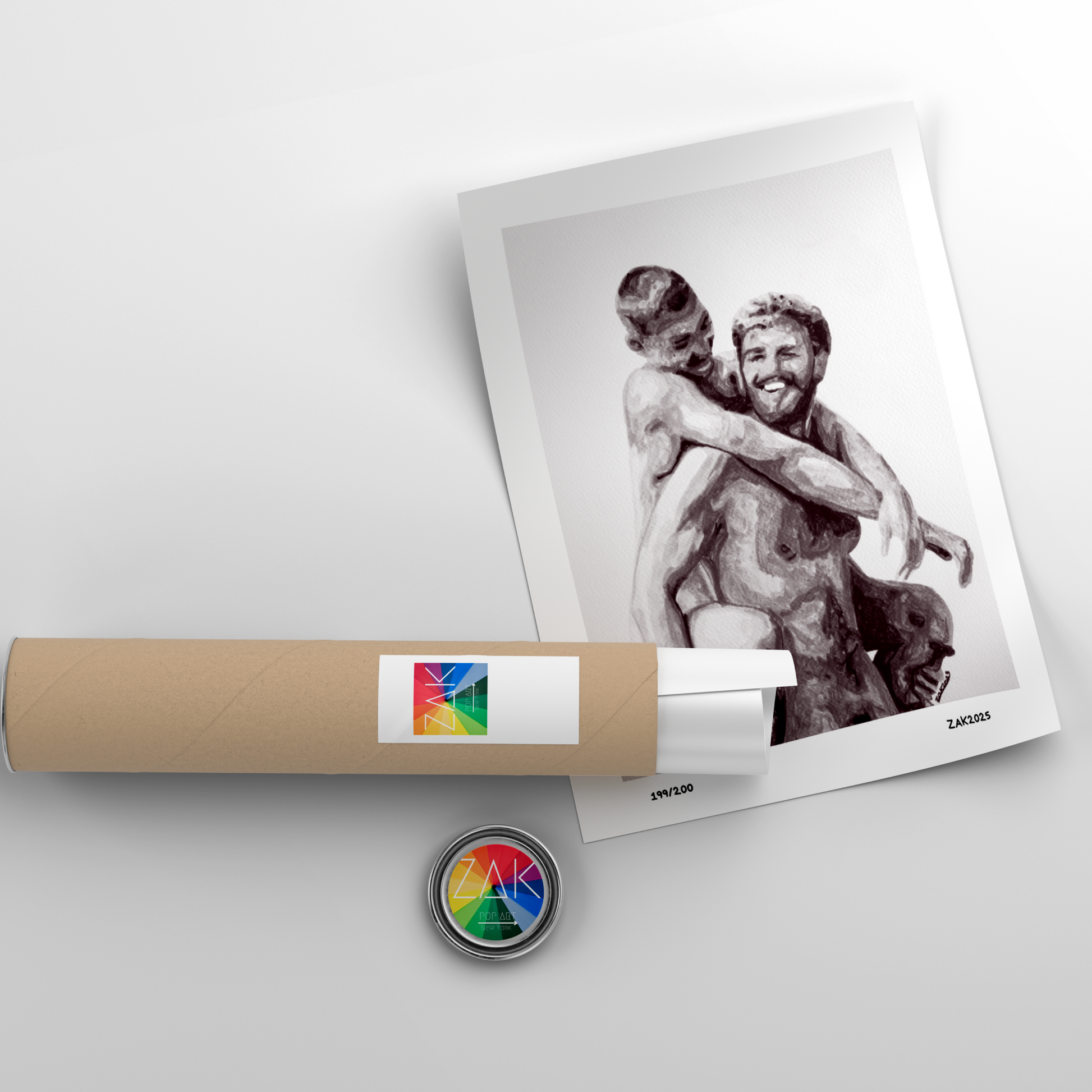 Roll of paper with a photo of two people hugging and a colorful logo on a white background