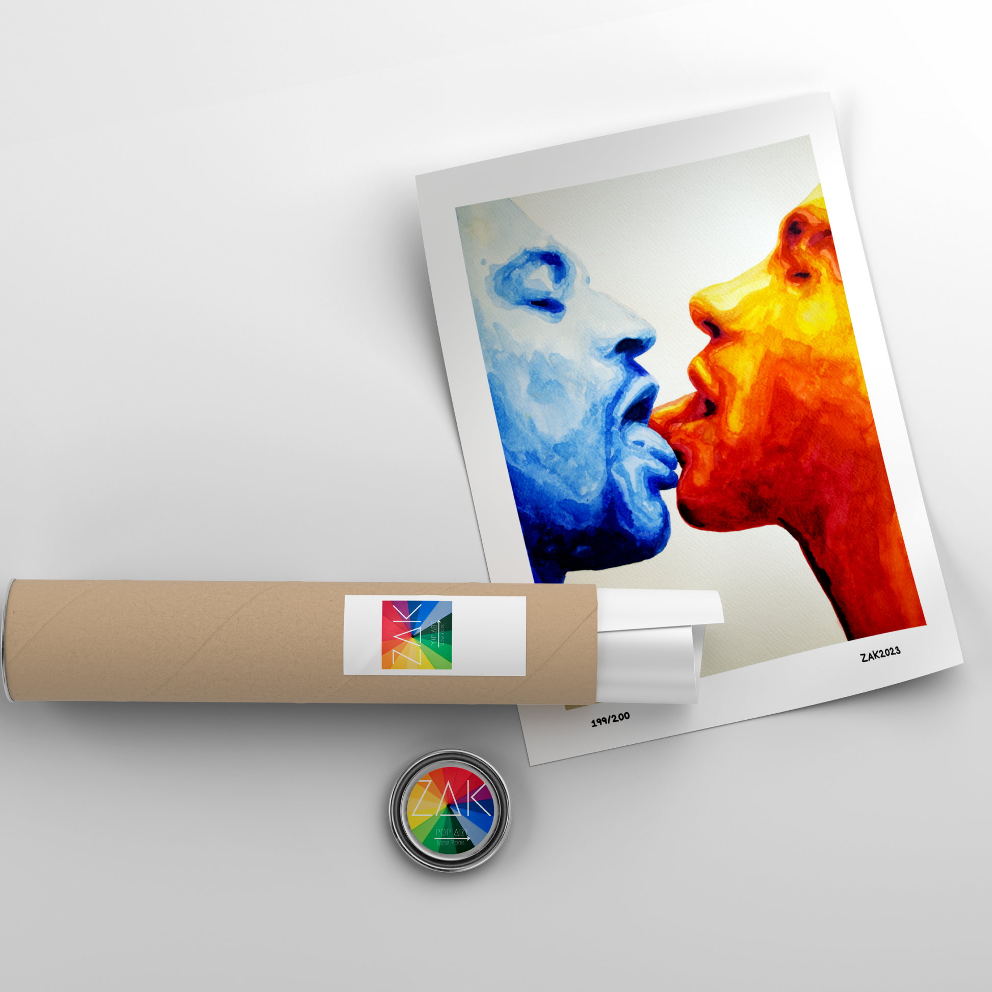 Artistic depiction of two faces in blue and orange colors, with a roll of paper and a button featuring a logo on a light gray background.
