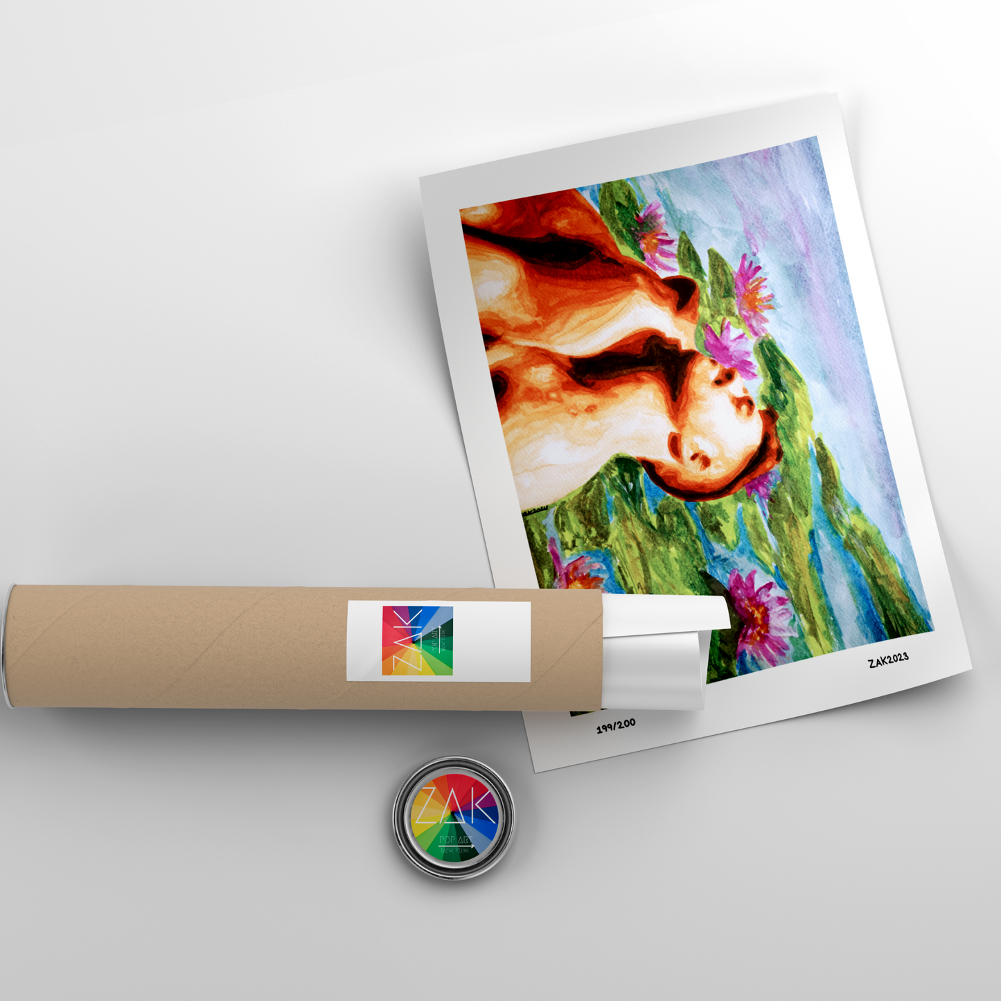 Art print of a cow with flowers on a white background, accompanied by a roll of paper and a small round object.