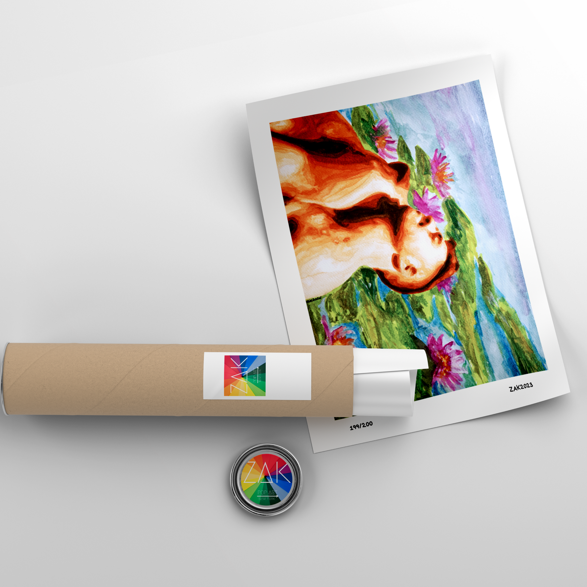 Art print of a cow with flowers on a white background, accompanied by a roll of paper and a small round object.