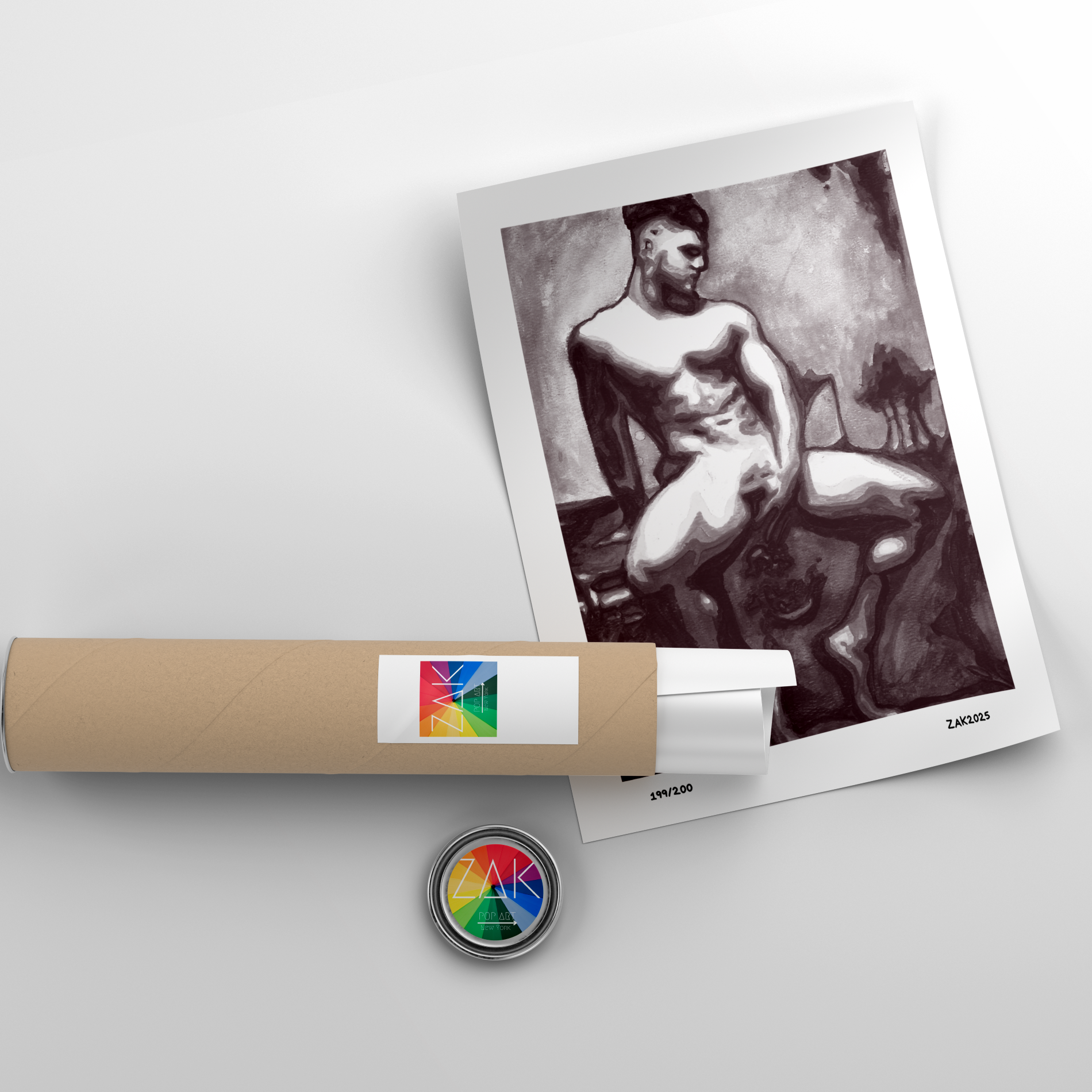 Artistic depiction of a nude figure on a white background with a cylindrical object and circular badge.