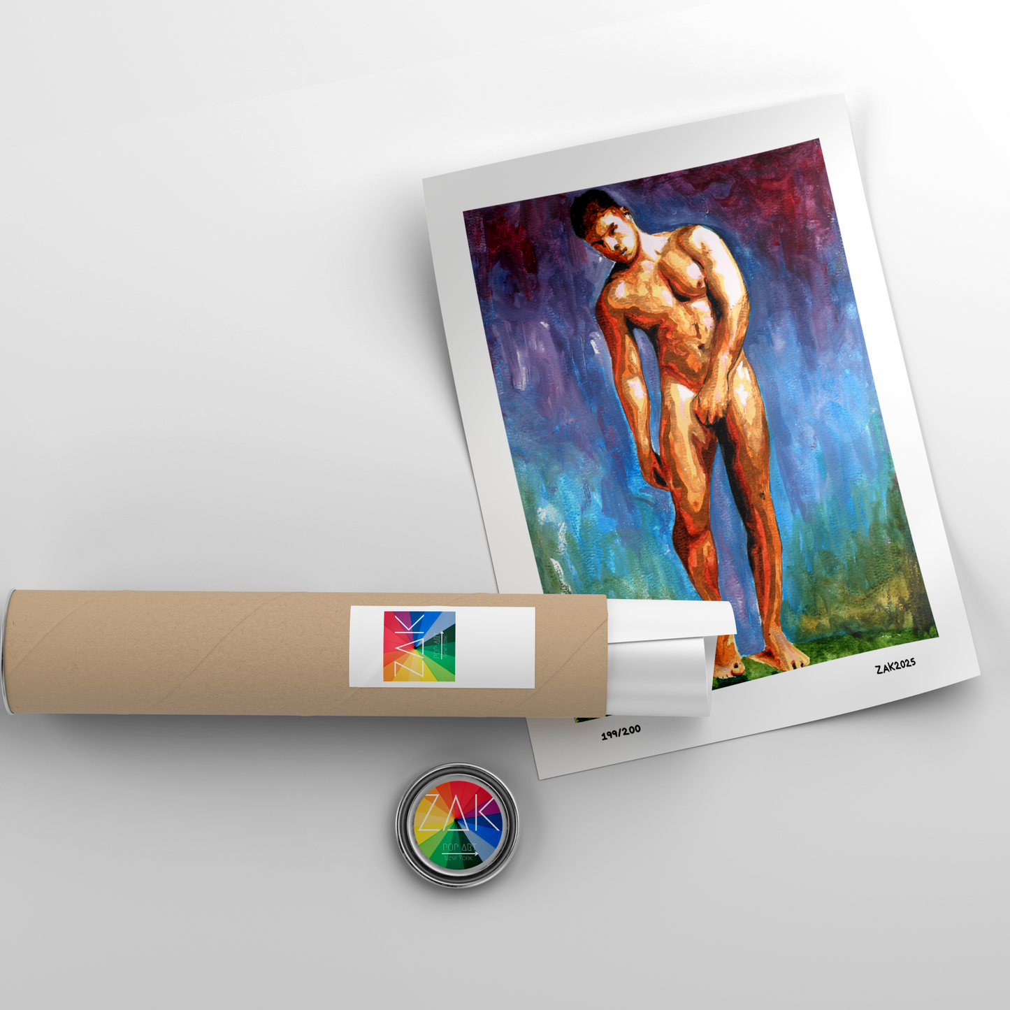 Artistic depiction of a nude figure on a painted background with a roll of paper and a button in the foreground.