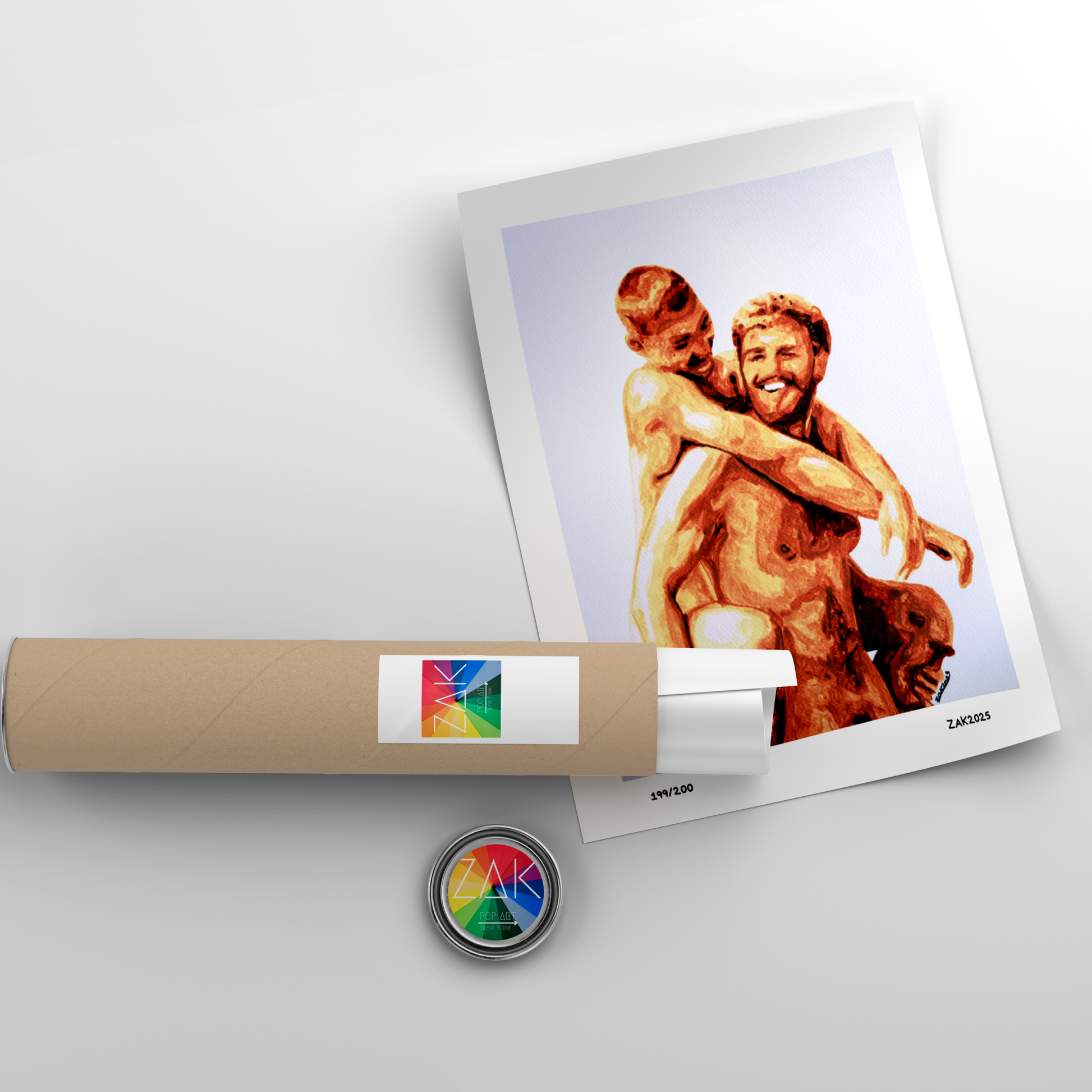  Rolled-up poster with a printed image of two people hugging, placed on a flat surface.