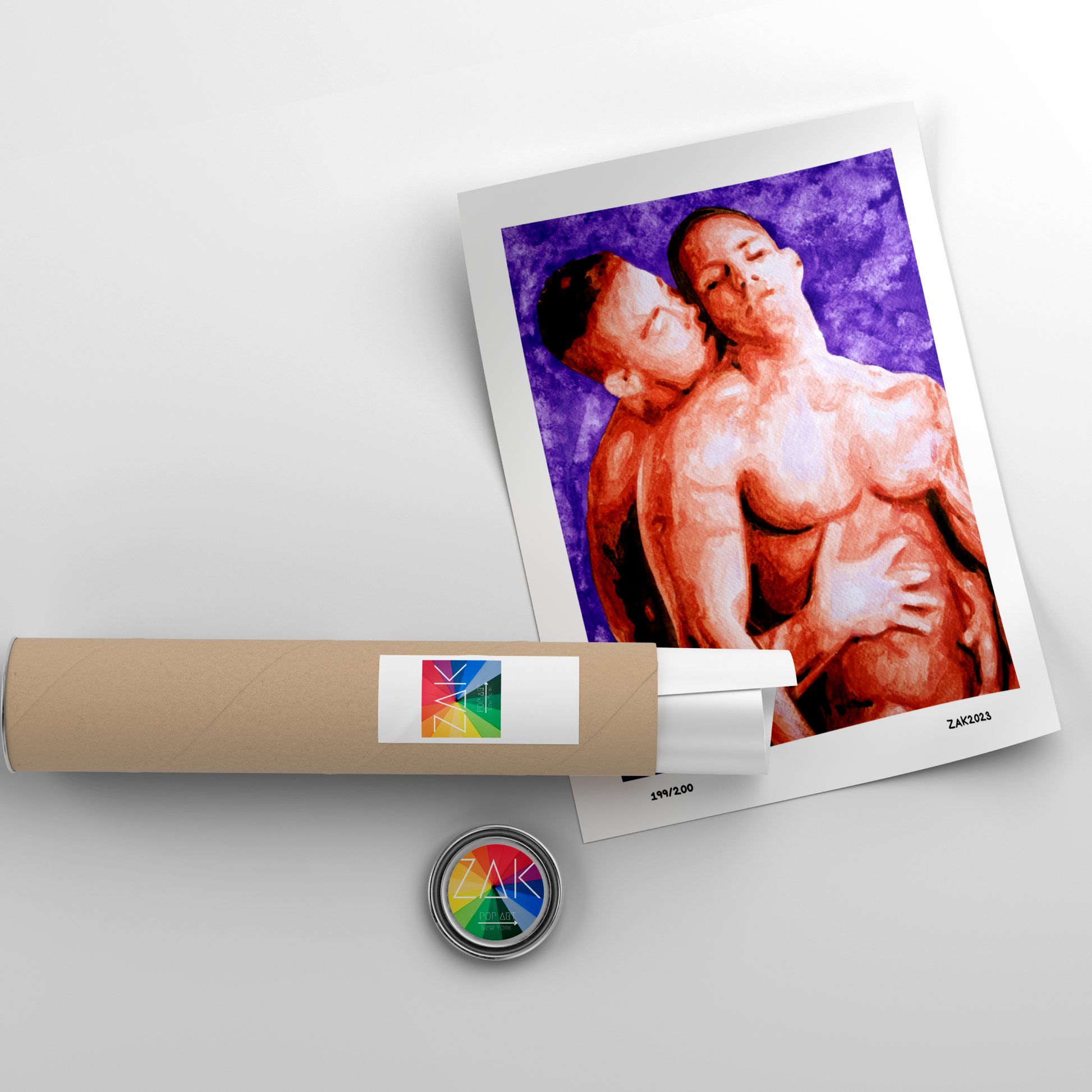 Artistic depiction of two figures on a poster with a roll of paper and a button in the foreground.