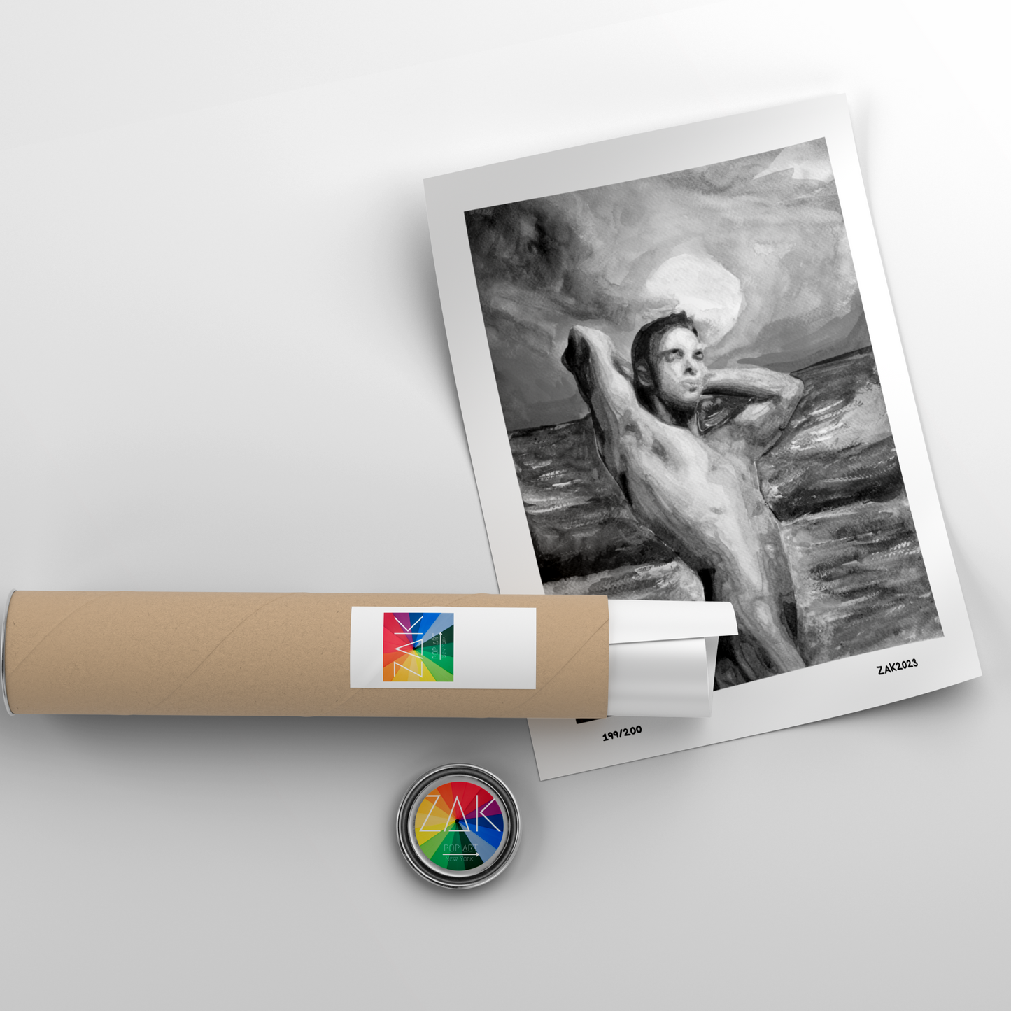 Black and white watercolor painting of a muscular nude man standing by the ocean, flexing his arms behind his head. The silhouette contrasts with a softly textured sky and sea, conveying queer strength, calm, and confidence.