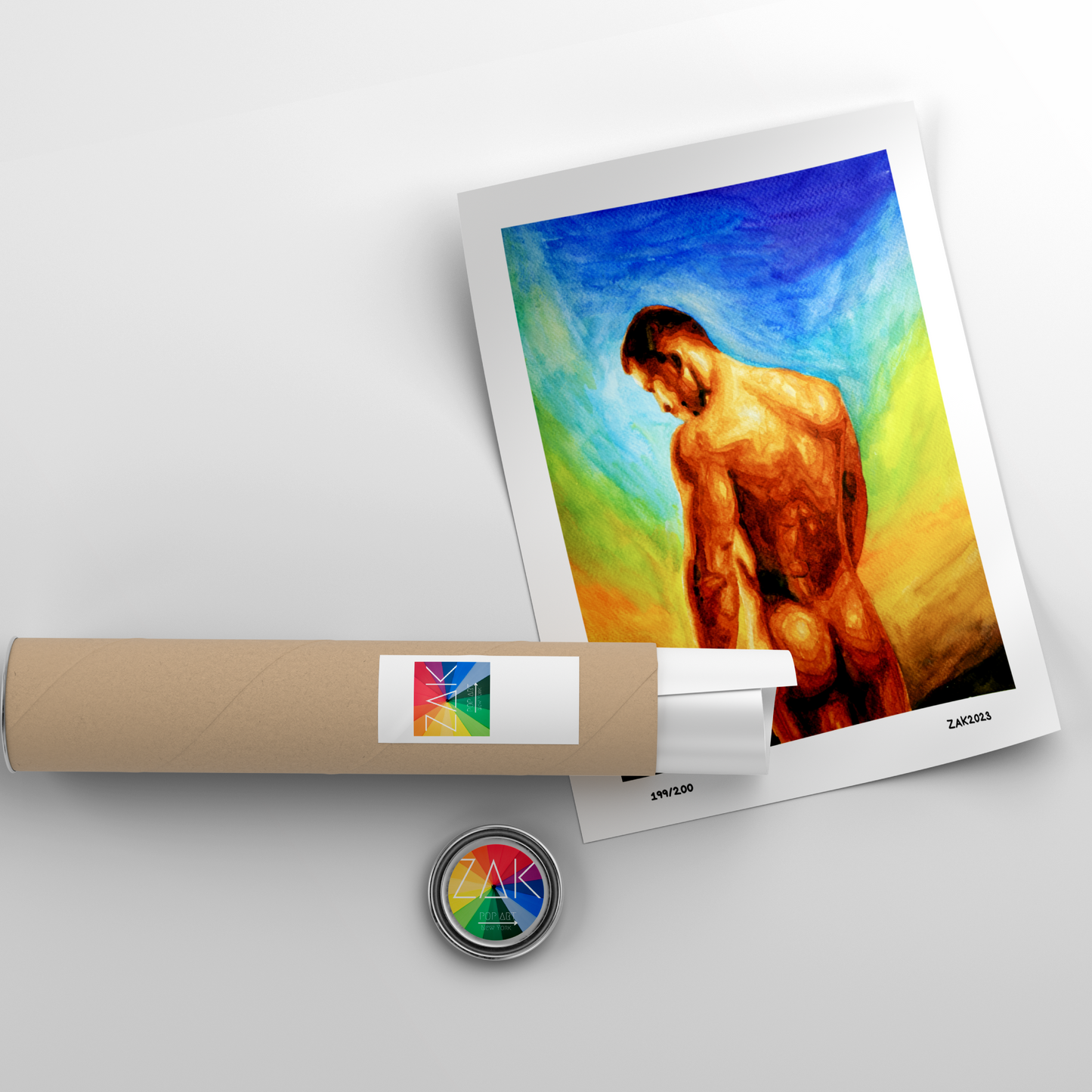 Watercolor painting of a nude man with a strong, beautiful body, proudly facing a rainbow-colored sunset sky, symbolizing queer pride, strength, and self-liberation. Original Zak Pop Art.