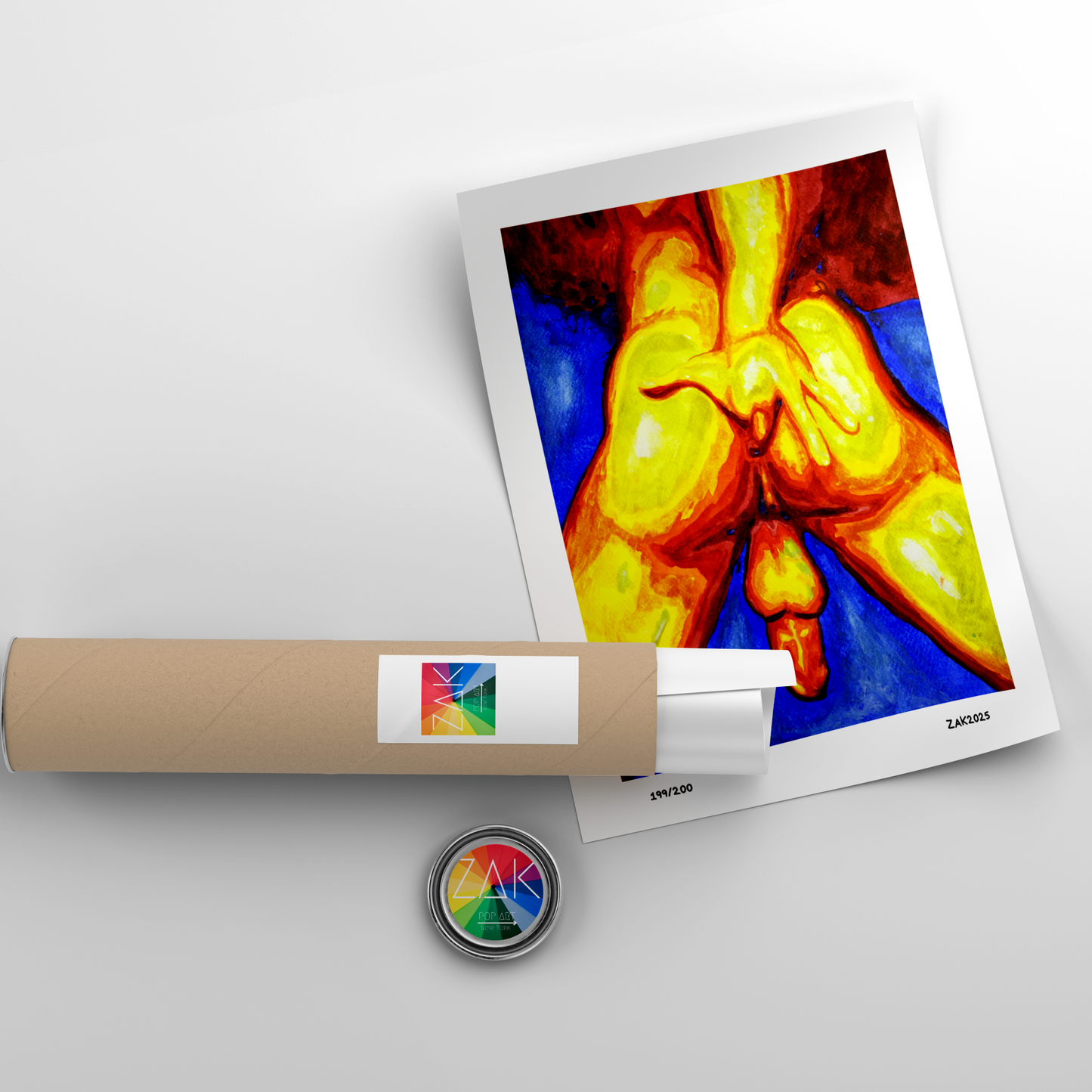 Artistic depiction of a hand holding a heart with a roll of paper and a button in the foreground on a light gray background