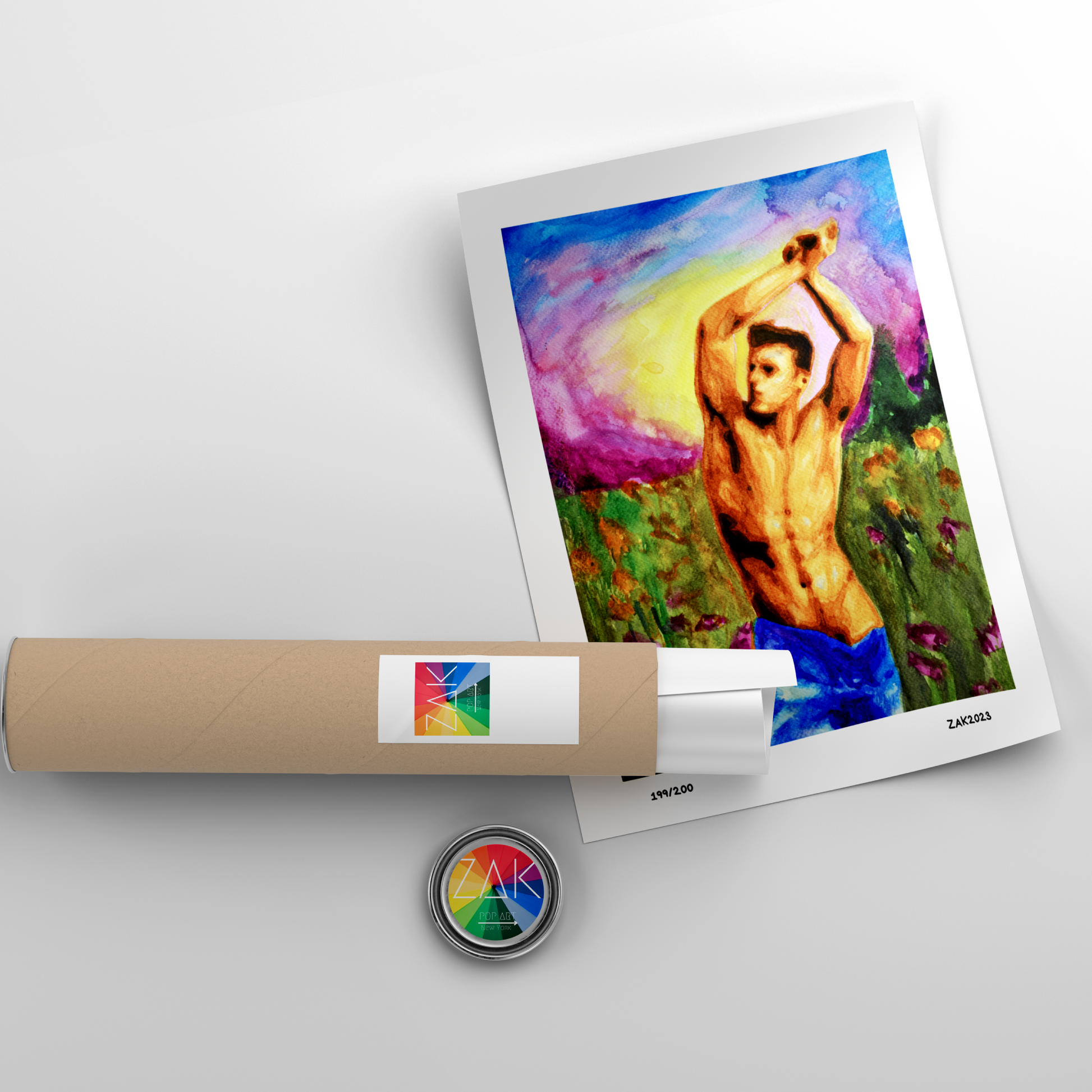Artistic depiction of a person in a field with a roll of paper and a small round object on a light gray background
