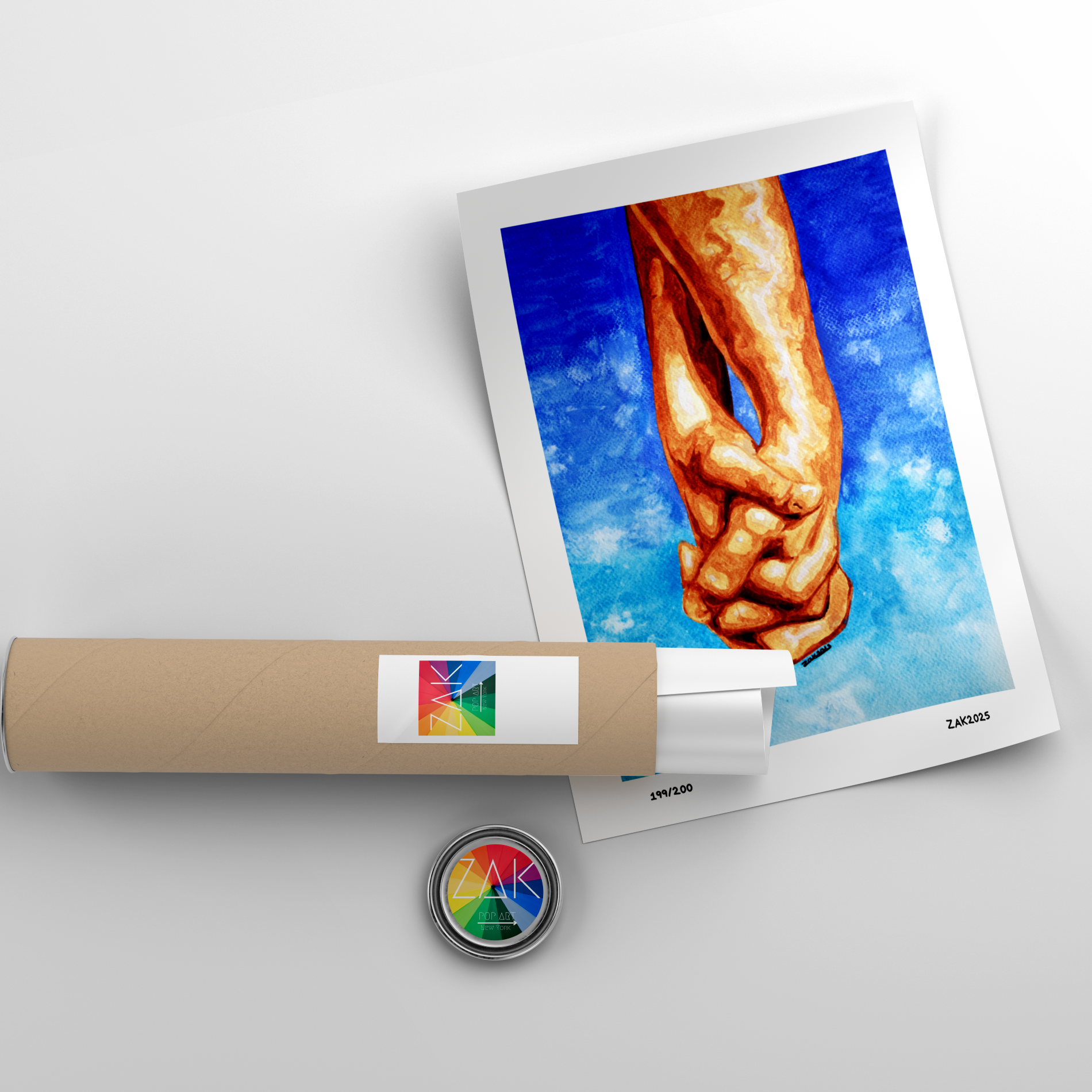 Art print of hands holding each other with a roll of paper and a button on a light gray background