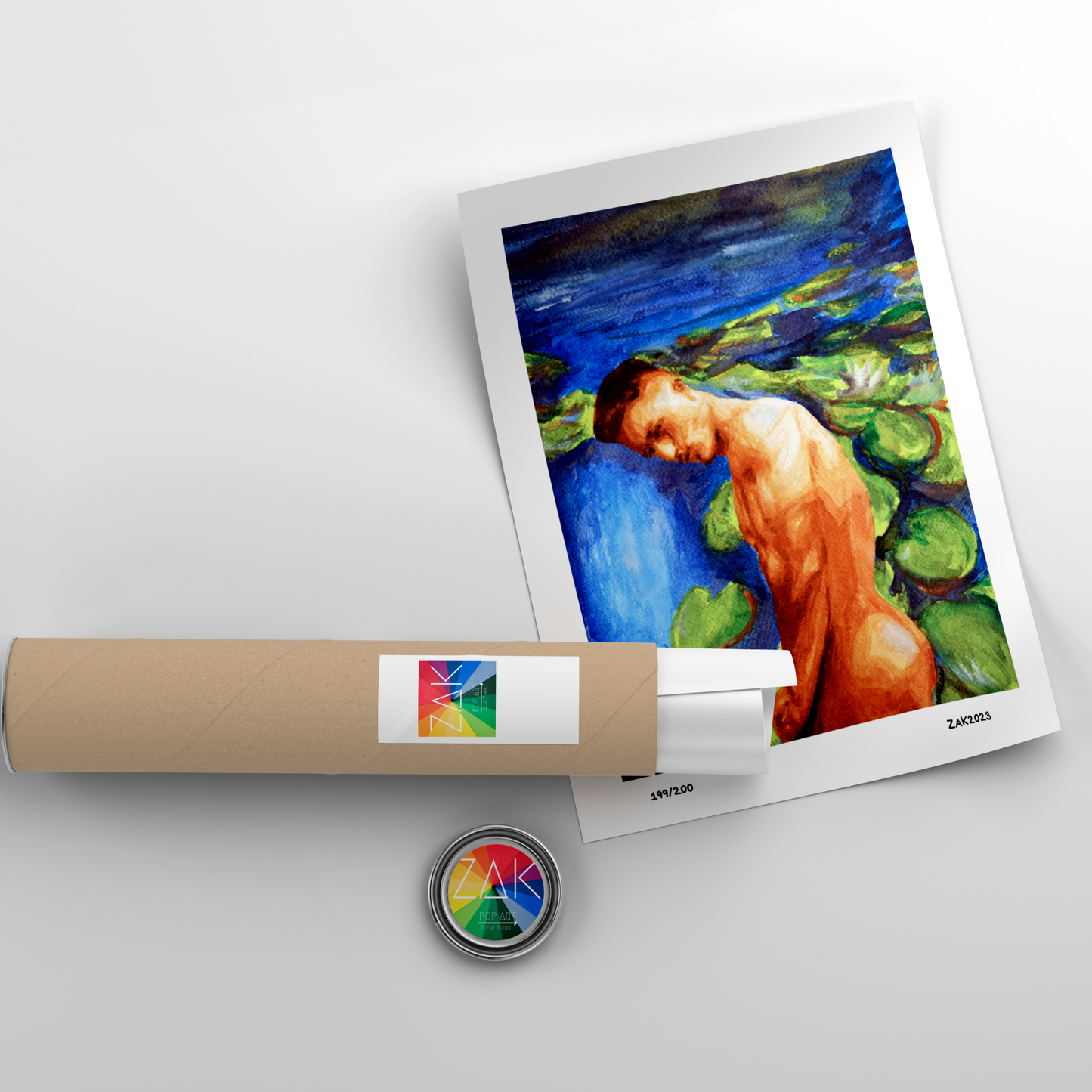 Artistic print of a nude figure on lily pads with a roll of paper and a stamp in the foreground.