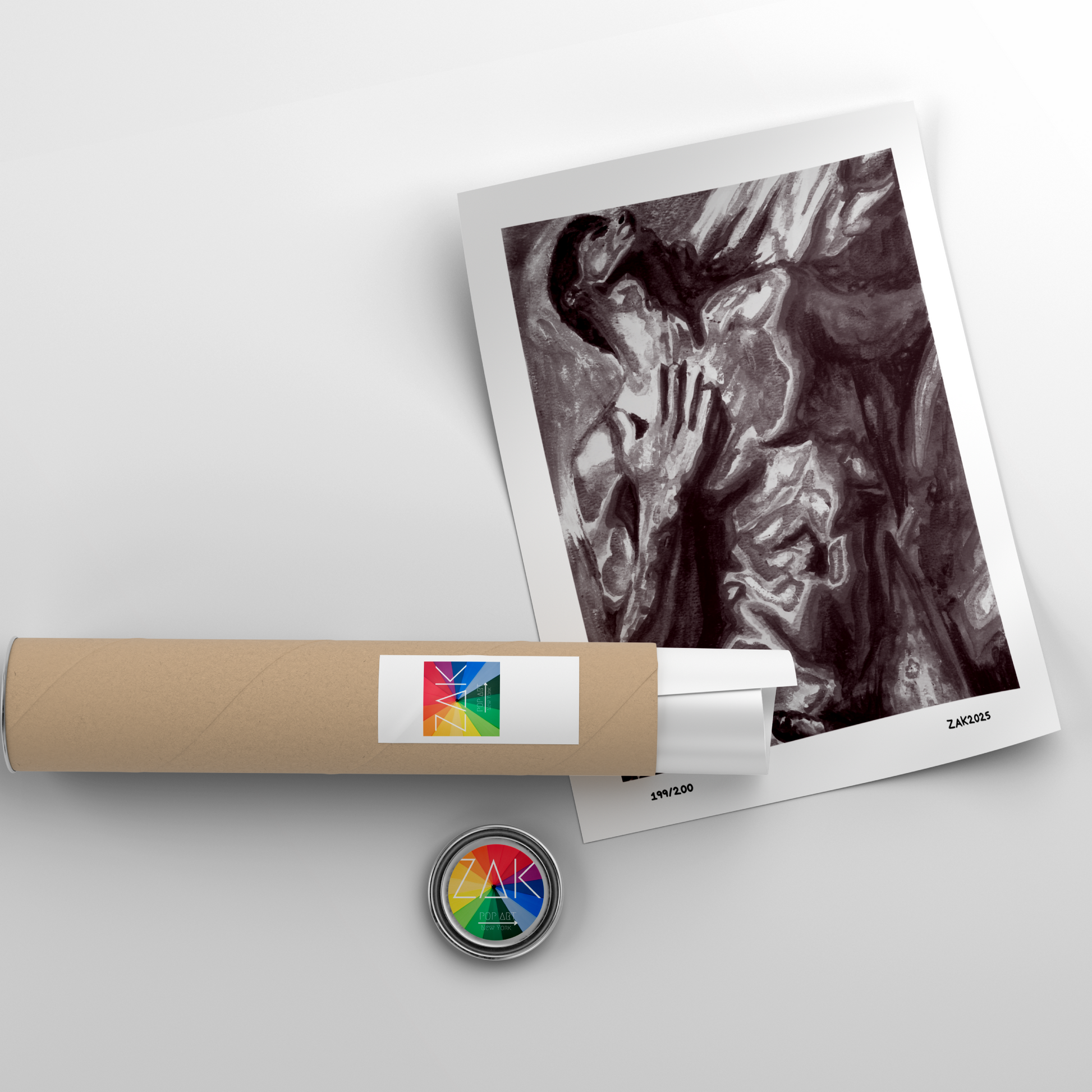 Artistic print of a figure on a white background with a cylindrical object and colorful label.