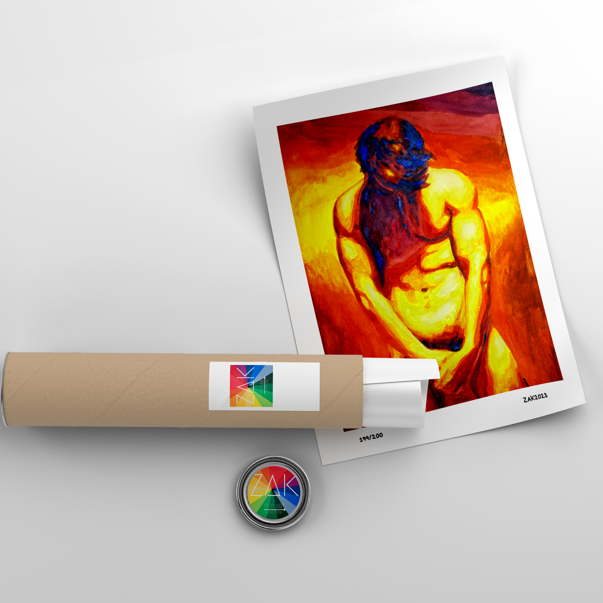Artistic depiction of a figure on a white background with a roll of paper and a button.