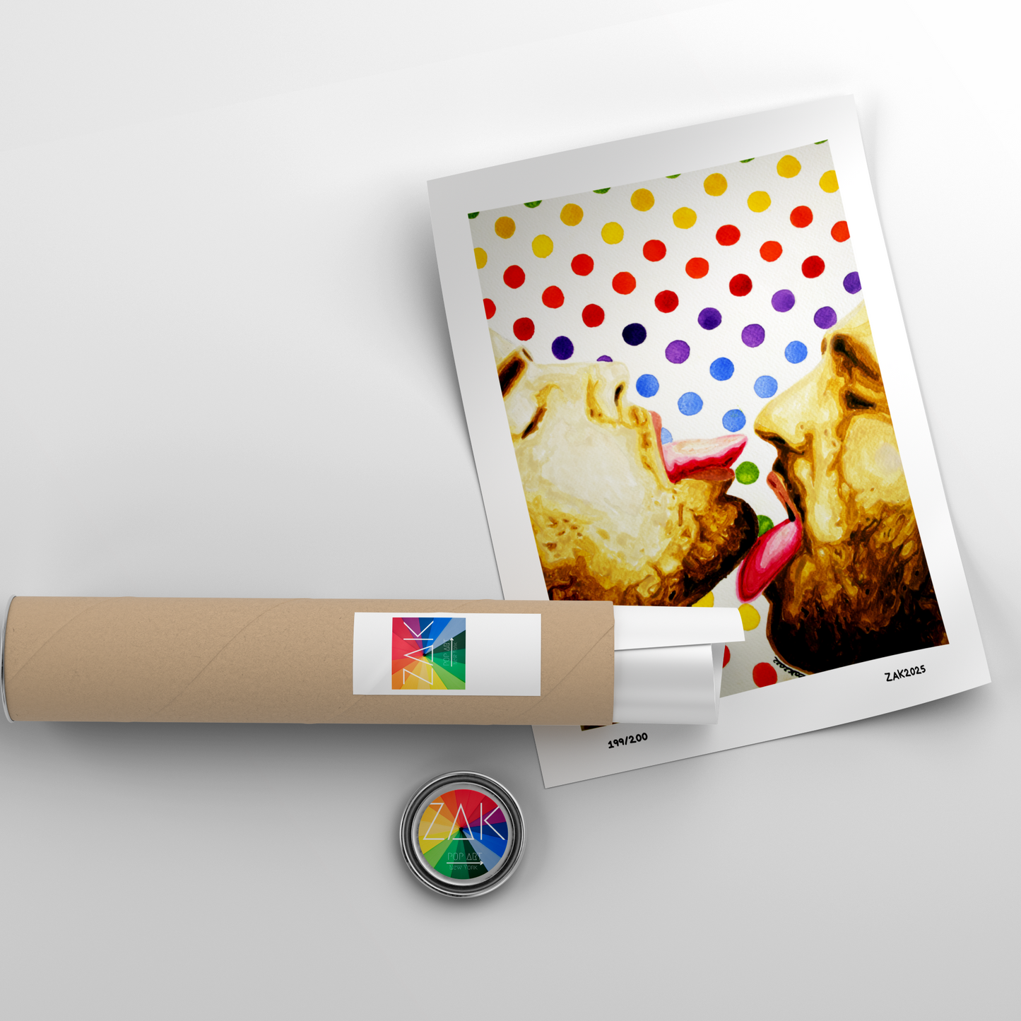 Framed artwork of two gay couple kissing with a colorful polka dot background.
