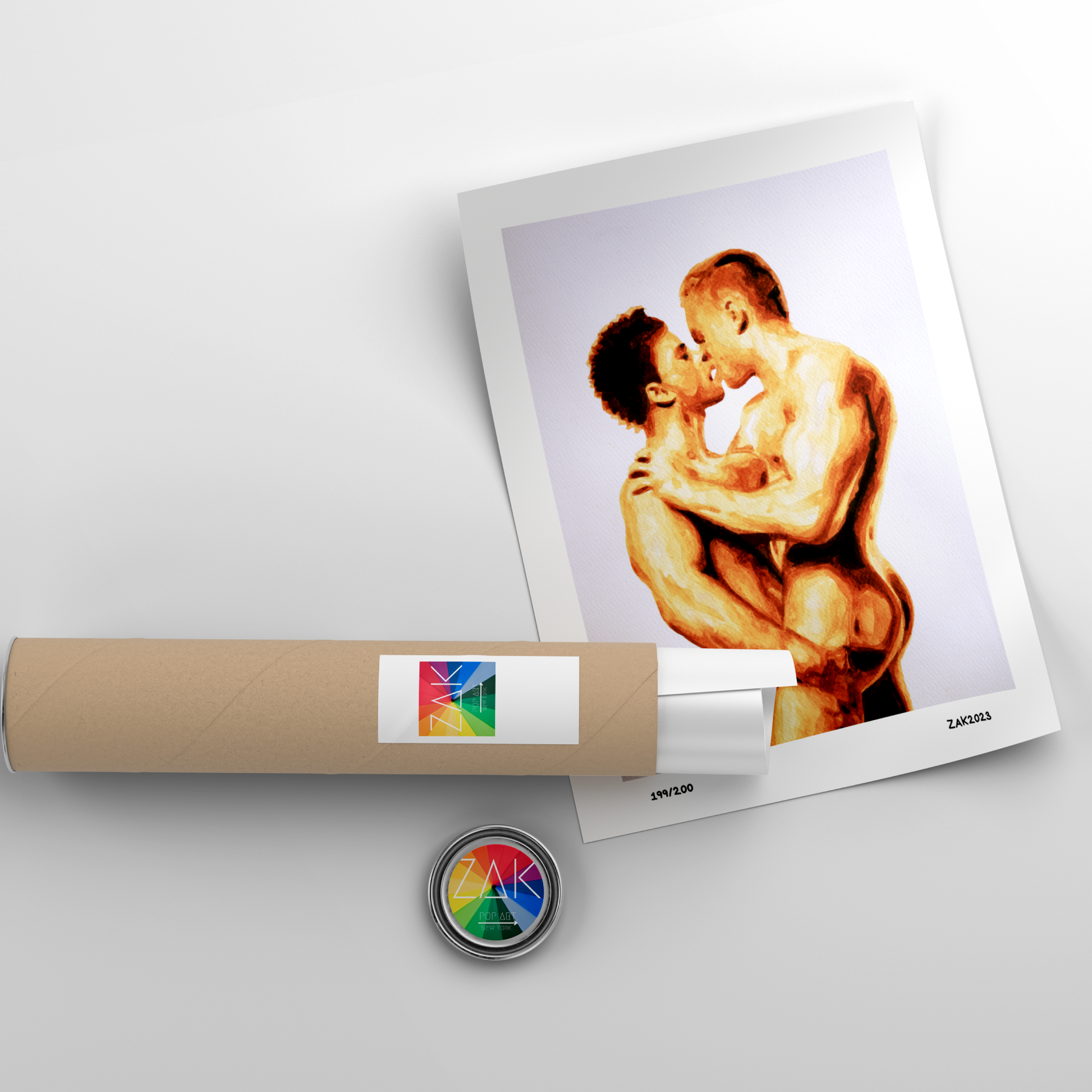 Unrolled poster of a couple embracing with a cylindrical product and logo on a light gray background