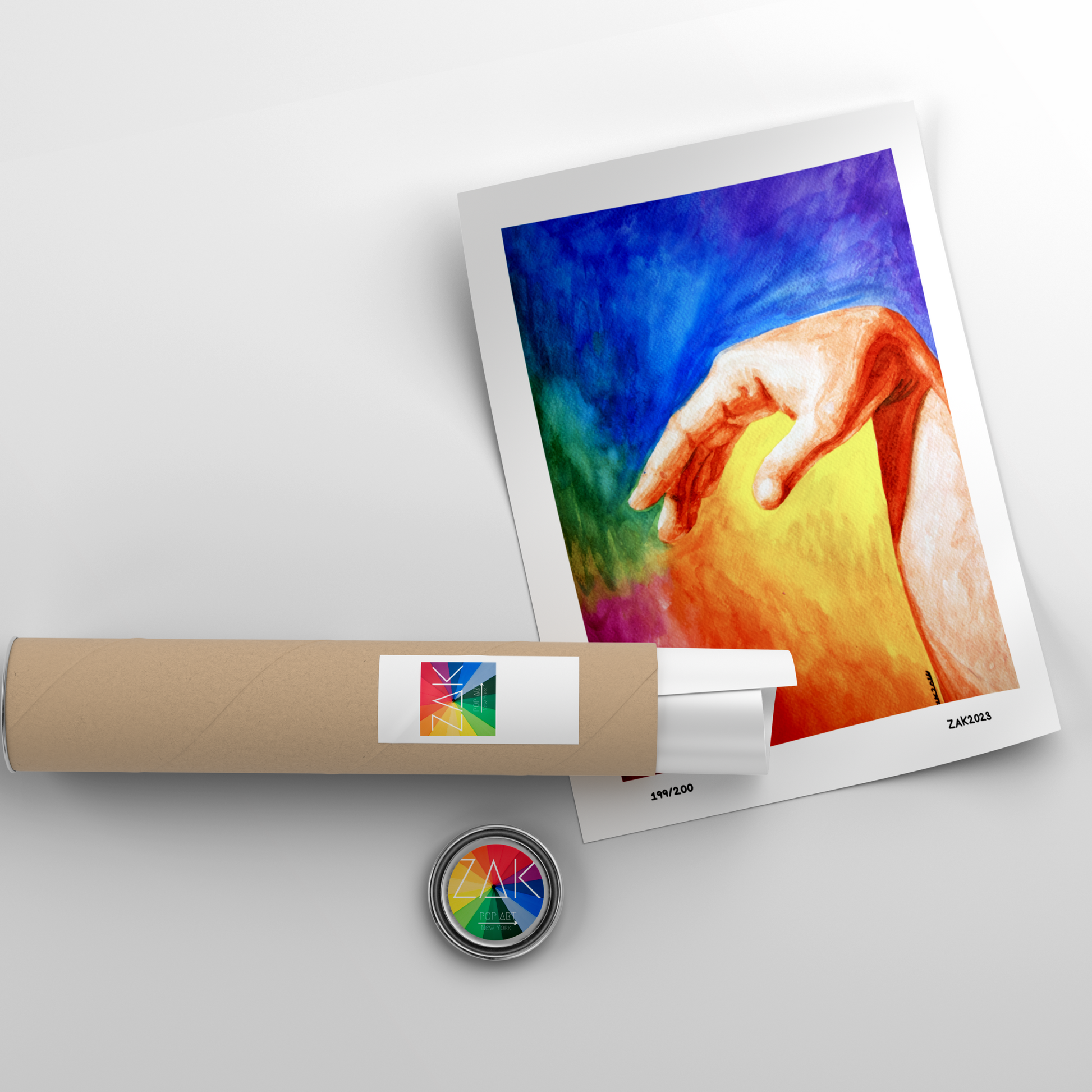 Rolled-up poster with a colorful hand holding a fruit design, displayed on a light gray background.