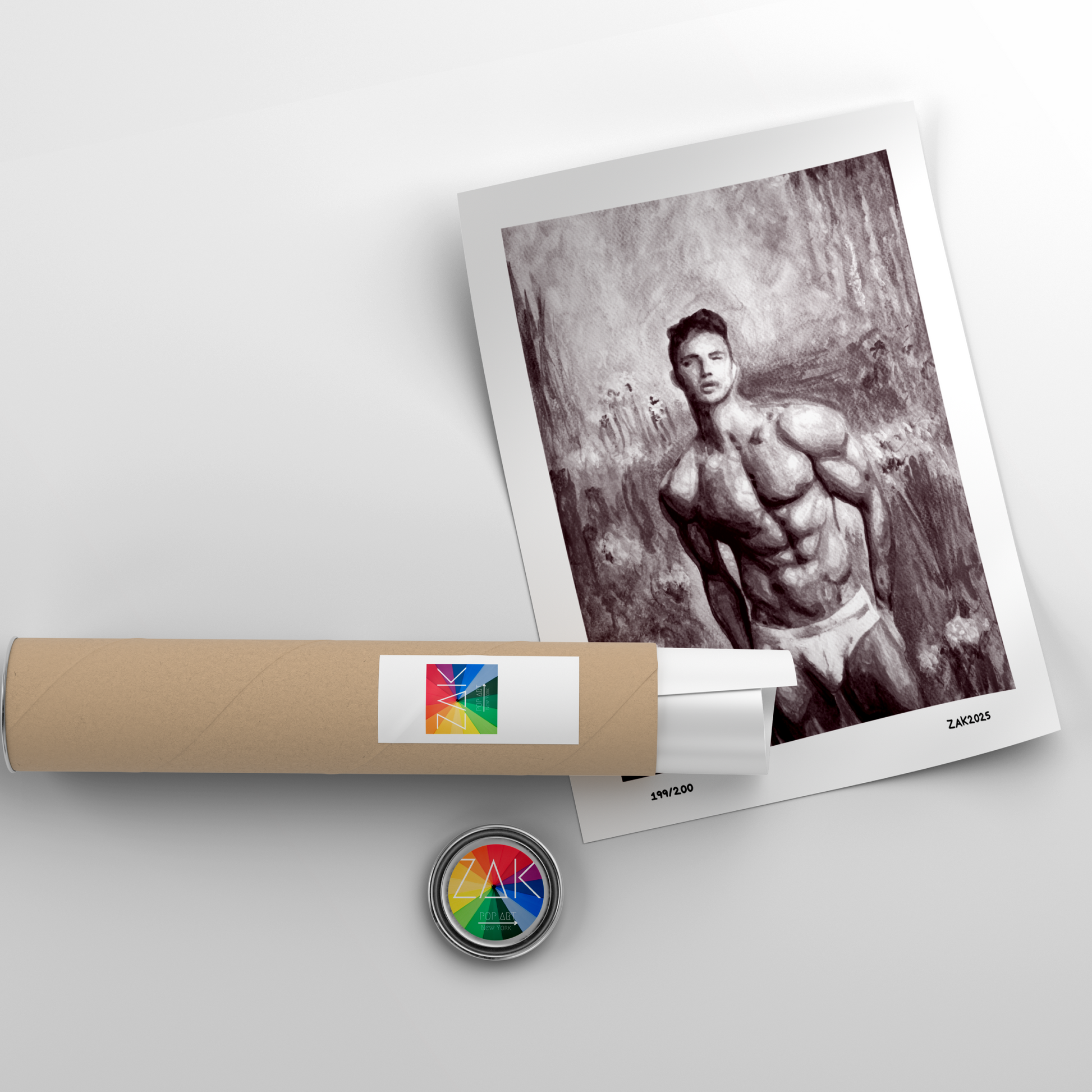 Art print of a muscular figure on a white background with a cylindrical product and circular badge.