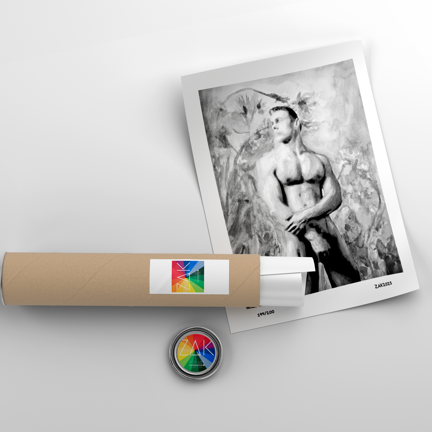 Black and white watercolor painting of a nude muscular male viewed from a low angle, expressing bold queer identity and masculine beauty by Zak Pop Art.