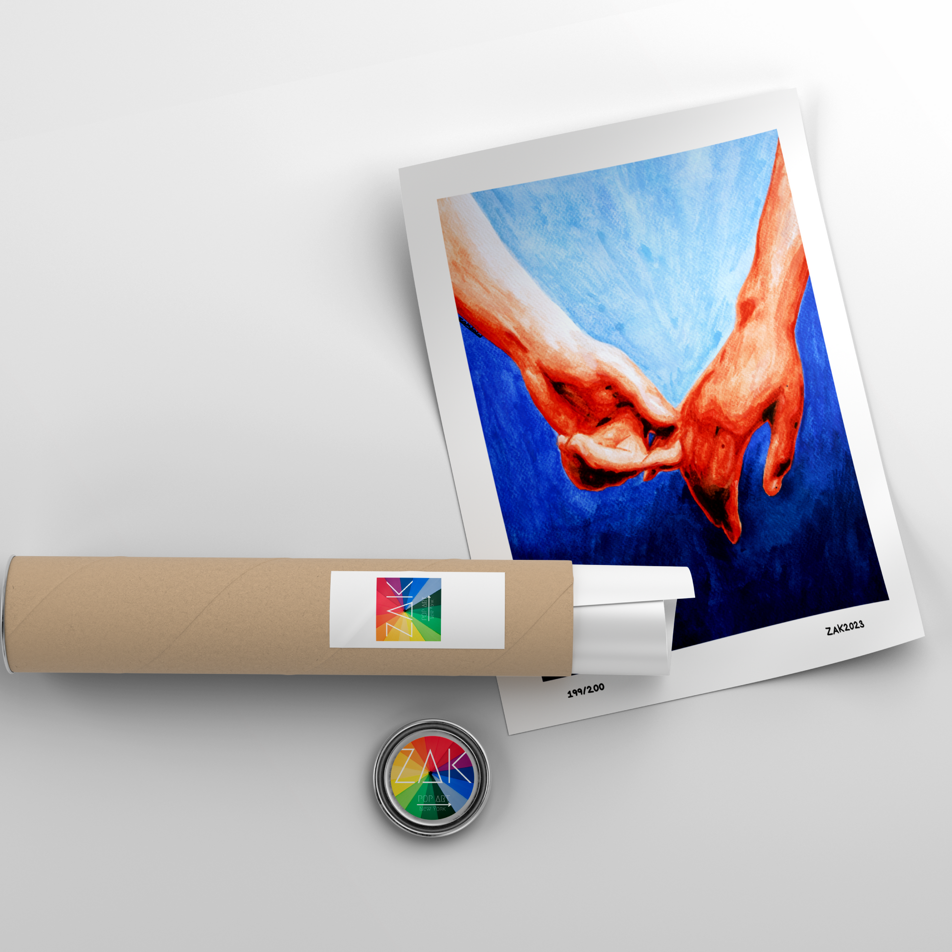 Rolled-up poster with a colorful design of two hands holding each other, on a light gray background.