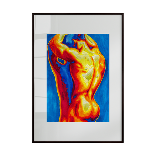 Framed artwork of a colorful abstract design on a white background