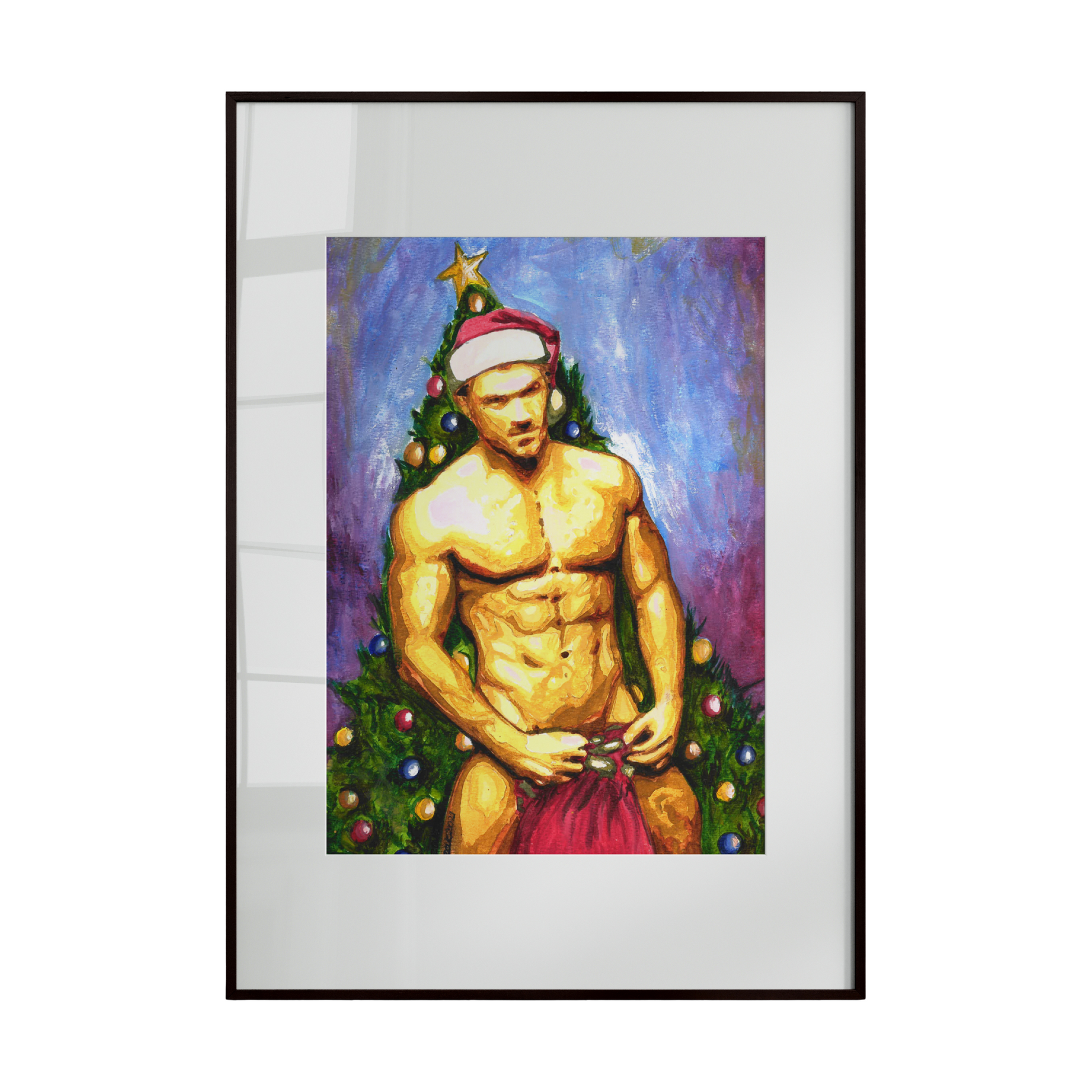 Framed artwork of a shirtless man with a Christmas tree and star hat on a white background