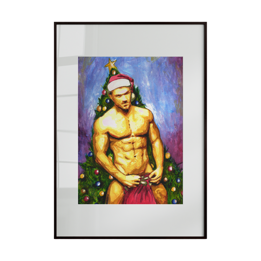 Framed artwork of a shirtless man with a Christmas tree and star hat on a white background