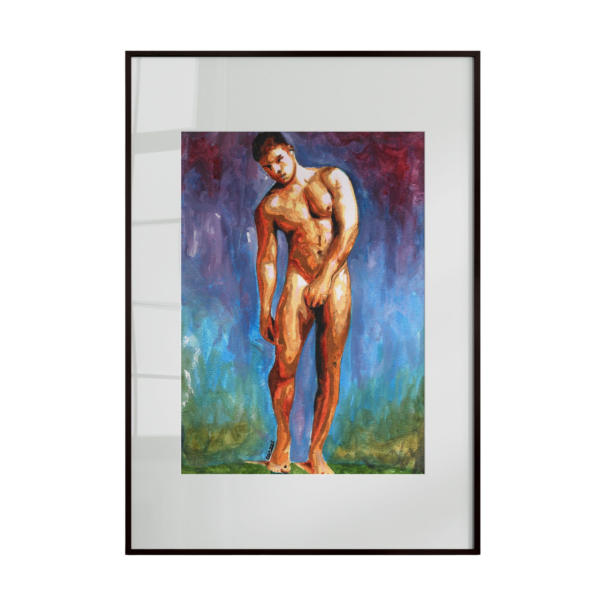 A framed painting of a nude male figure set against a colorful abstract background. The bold interplay of colors emphasizes the figure’s form and movement, creating a dynamic and expressive composition that celebrates strength, beauty, and artistic freedom.