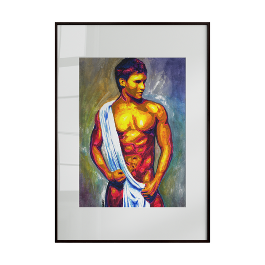 semi-nude male figure dressed in classical Roman attire. The composition emphasizes the muscular form and regal posture, blending historical costume with expressive brushwork