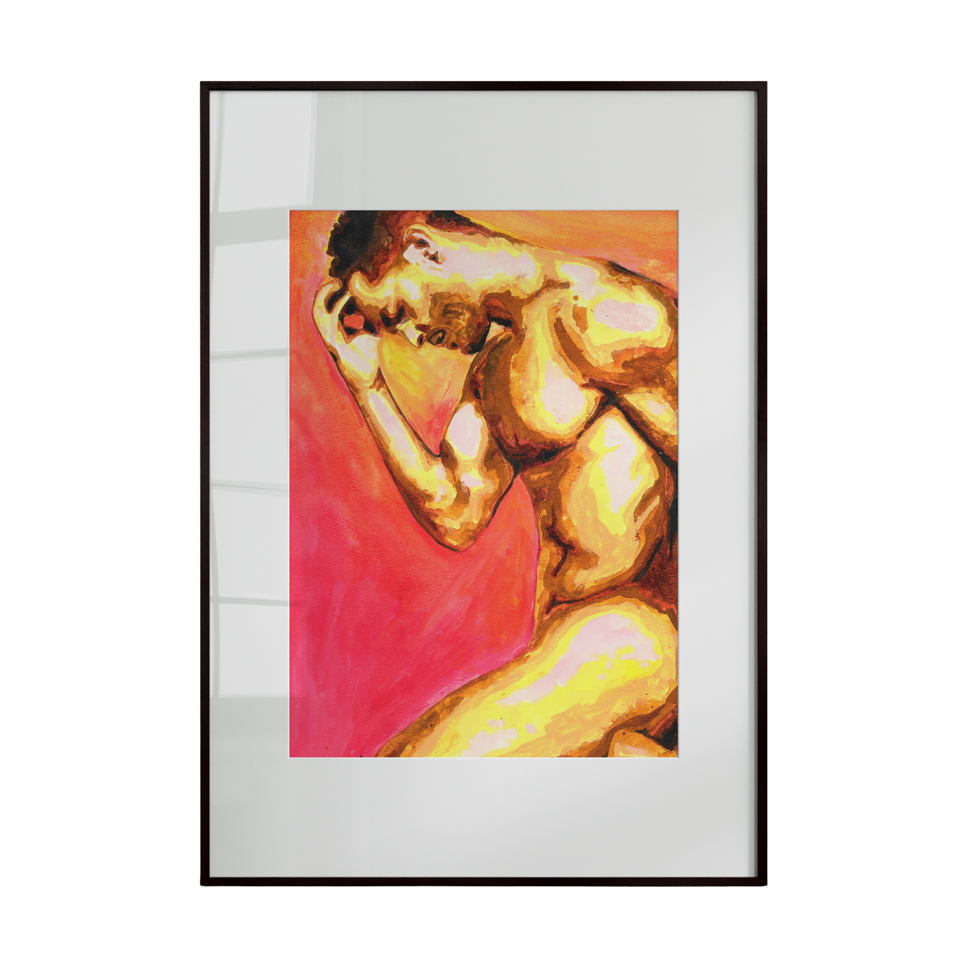 Framed artwork of a nude figure with a gold finish on a red background