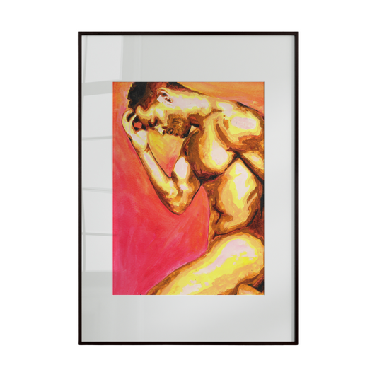 Framed artwork of a nude figure with a gold finish on a red background
