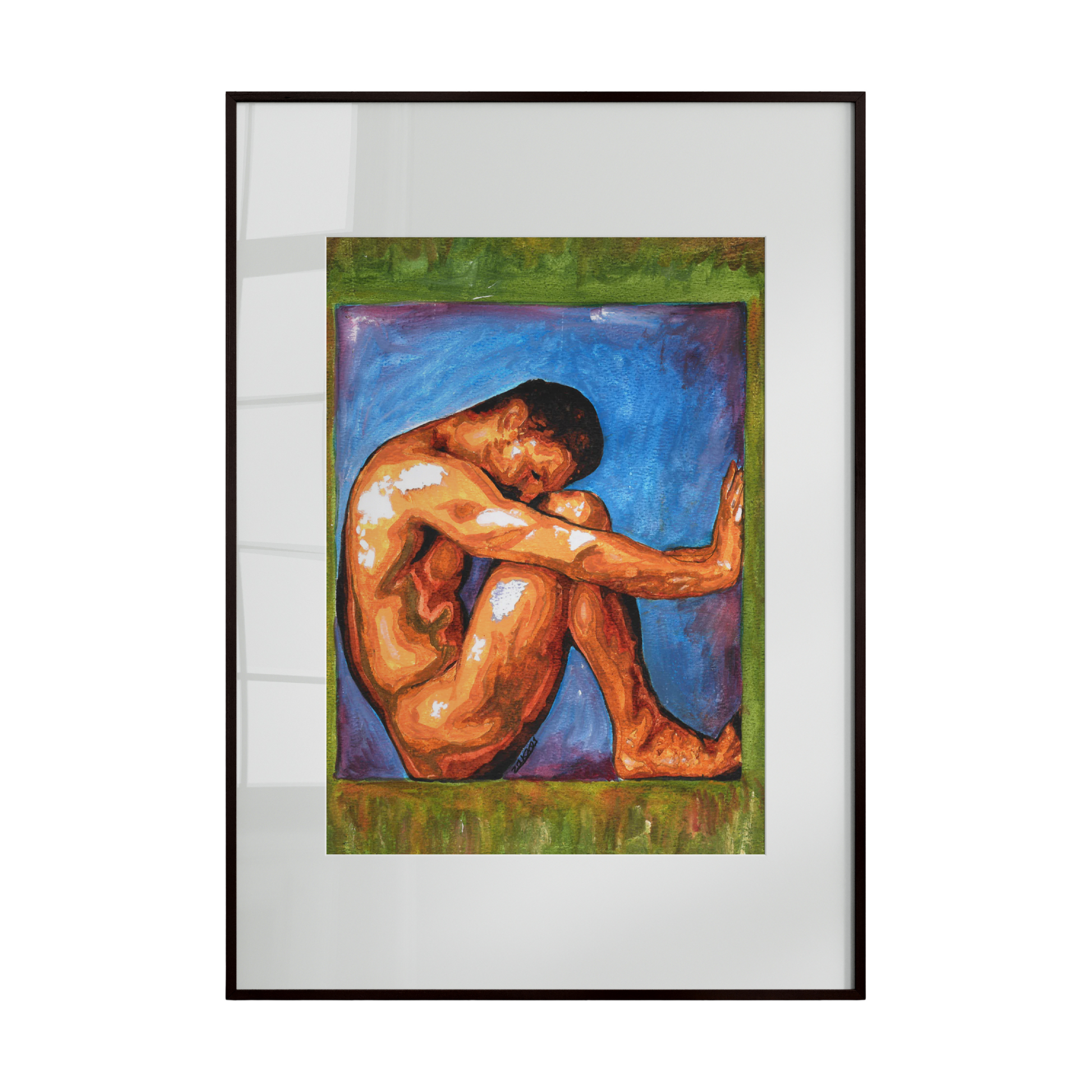Framed artwork of a nude figure on a white background