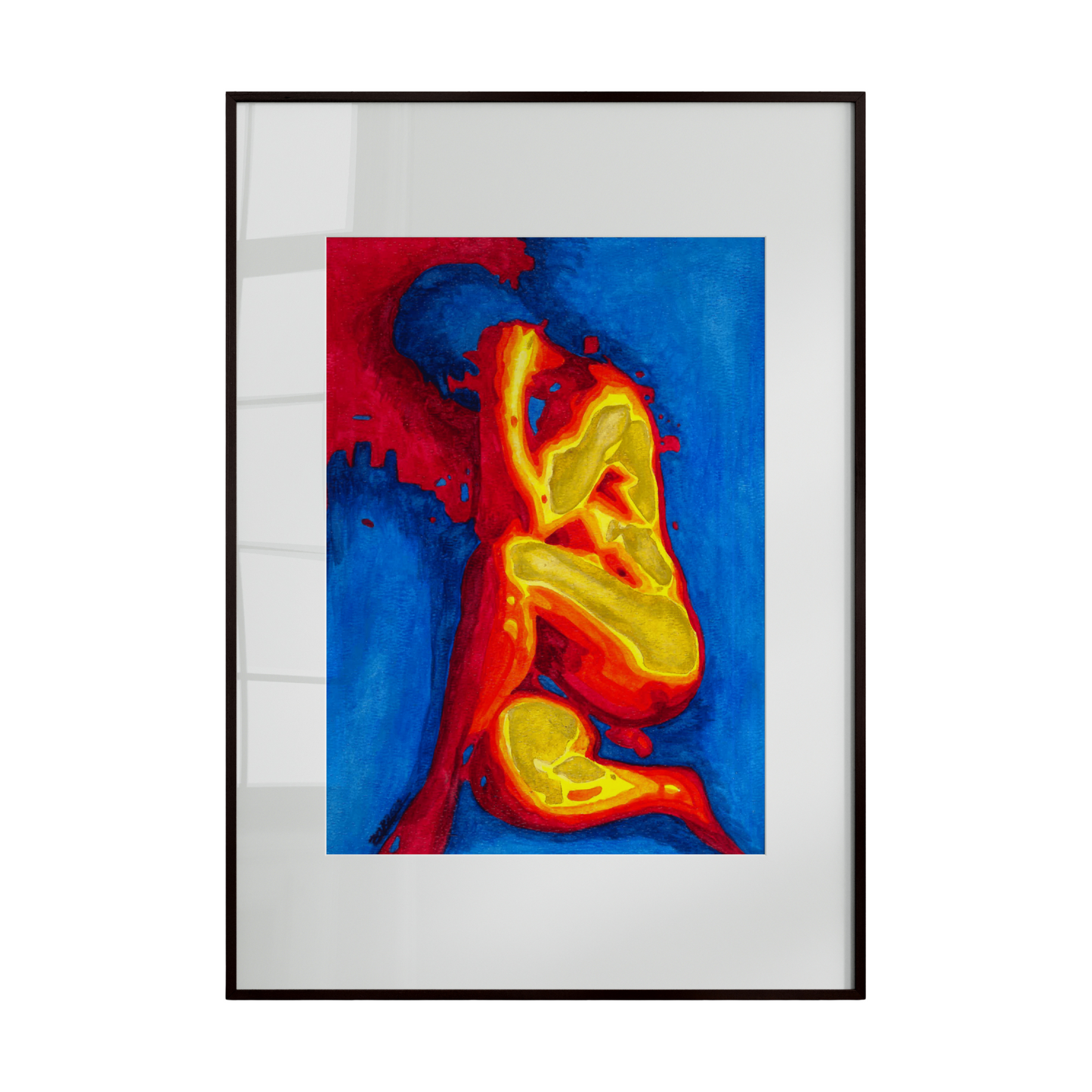 Framed abstract artwork with red, yellow, and blue colors on a white background