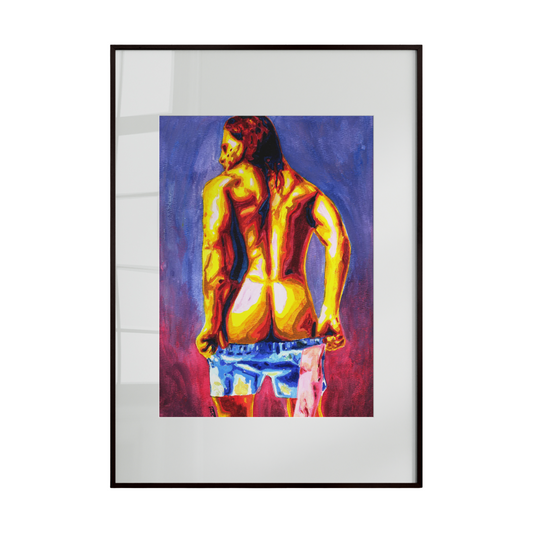 Framed artwork of a muscular figure in colorful attire on a white background
