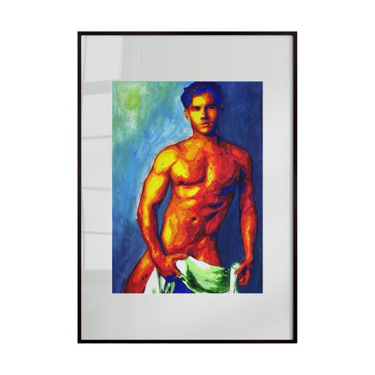  muscular male figure emerging from a bath, draped modestly with a towel around the lower body. Set against a calm blue background, the composition highlights form, posture, and subtle movement. 