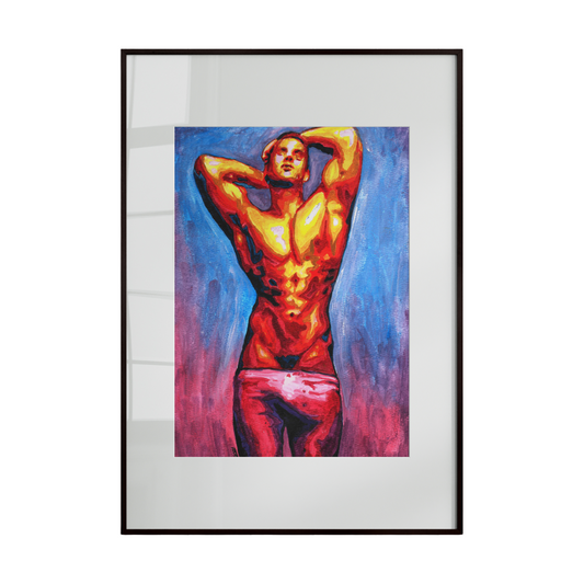 Framed painting of a muscular figure with vibrant colors on a white background