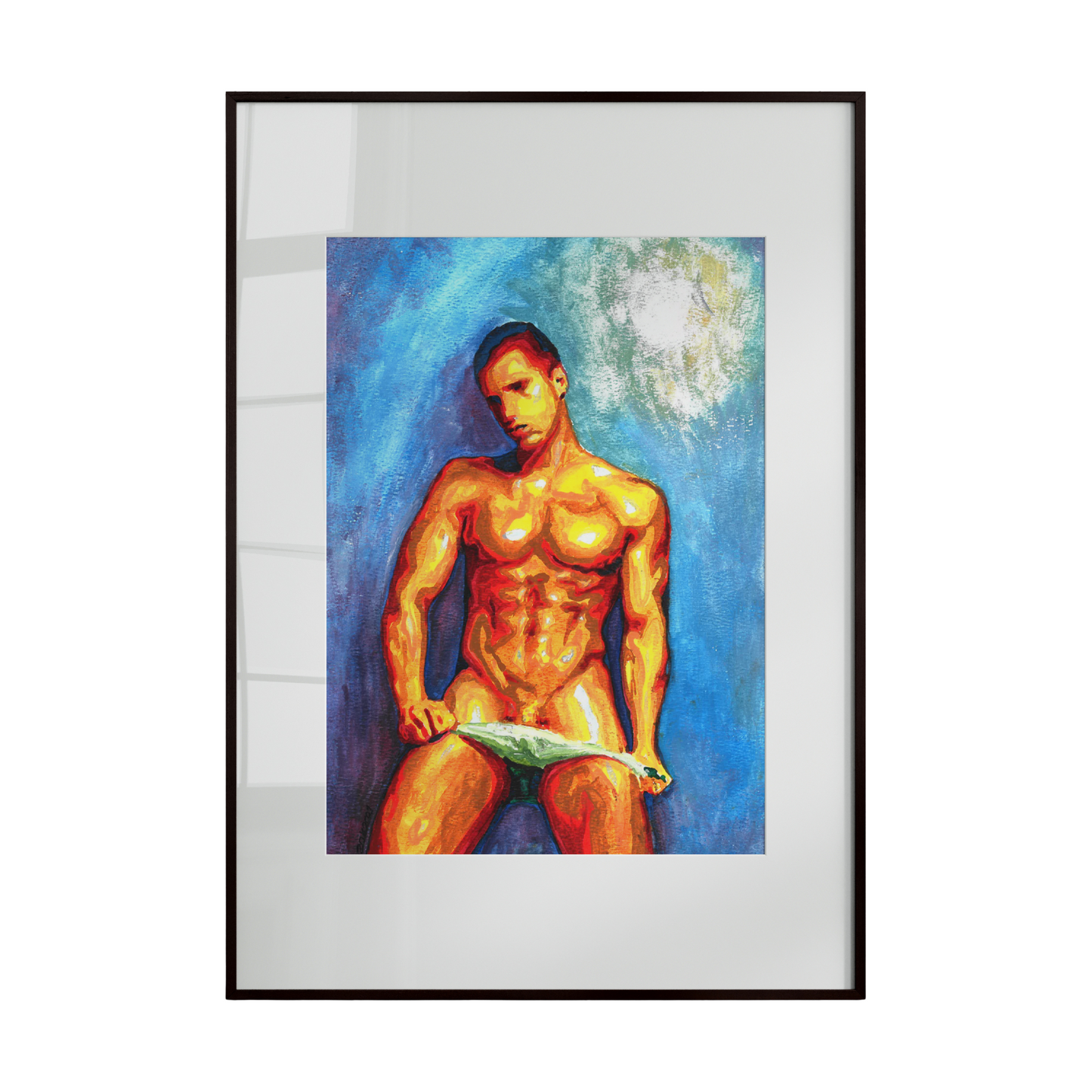 This watercolor painting portrays a muscular male figure in a confident, dynamic pose against a vivid blue background. Expressive brushstrokes and subtle abstract elements add depth and mystery, highlighting the balance between strength, elegance, and self-assurance.