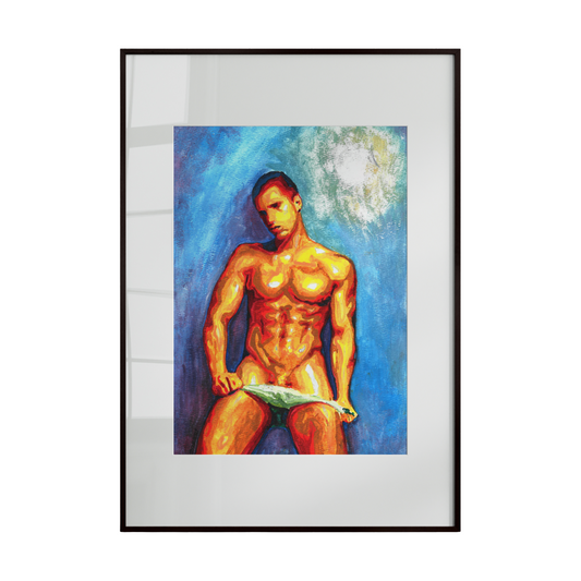 This watercolor painting portrays a muscular male figure in a confident, dynamic pose against a vivid blue background. Expressive brushstrokes and subtle abstract elements add depth and mystery, highlighting the balance between strength, elegance, and self-assurance.