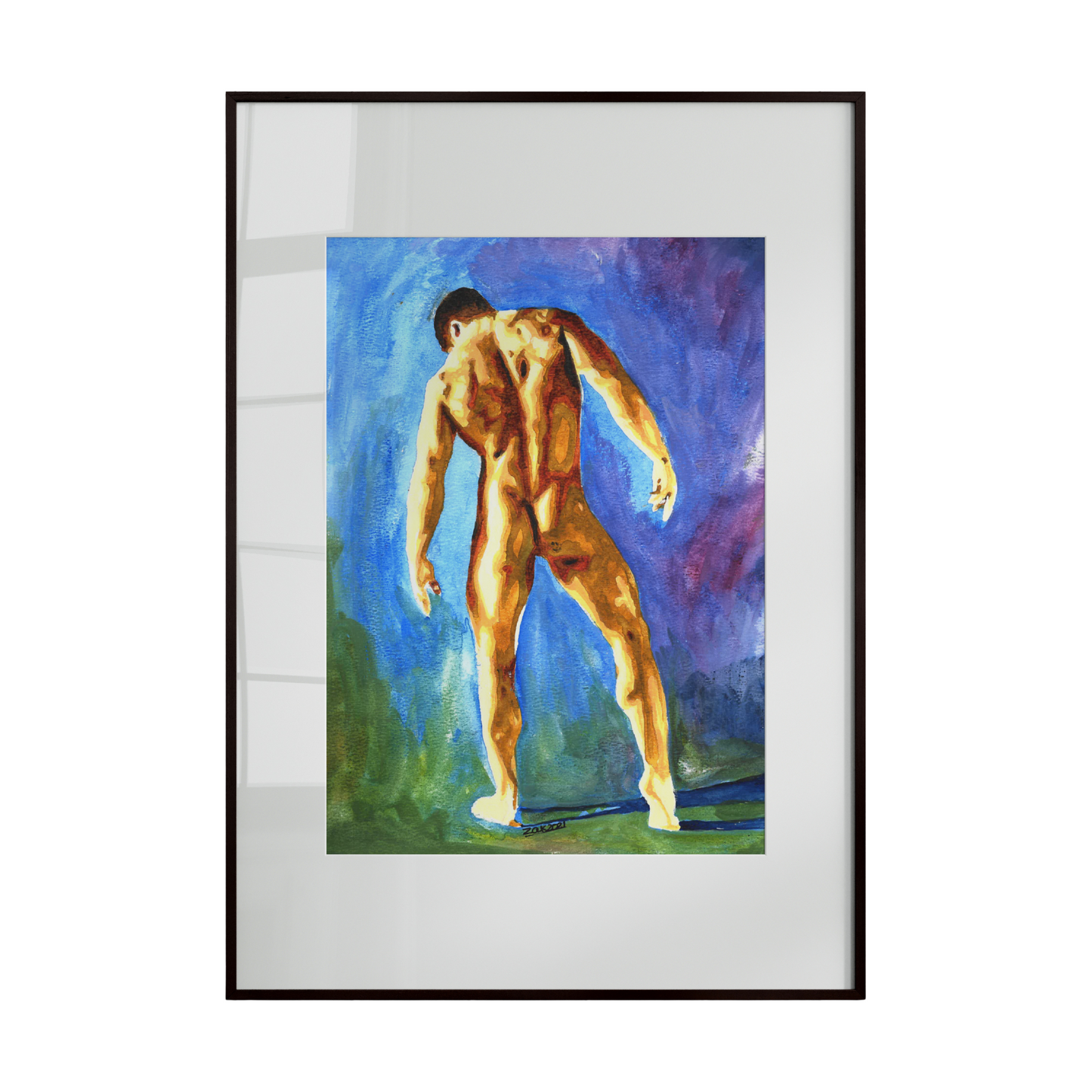 nude male figure seen from behind as he walks through a lush garden. The fluidity of watercolor captures the gentle sway of his posture and the natural movement of the surroundings,